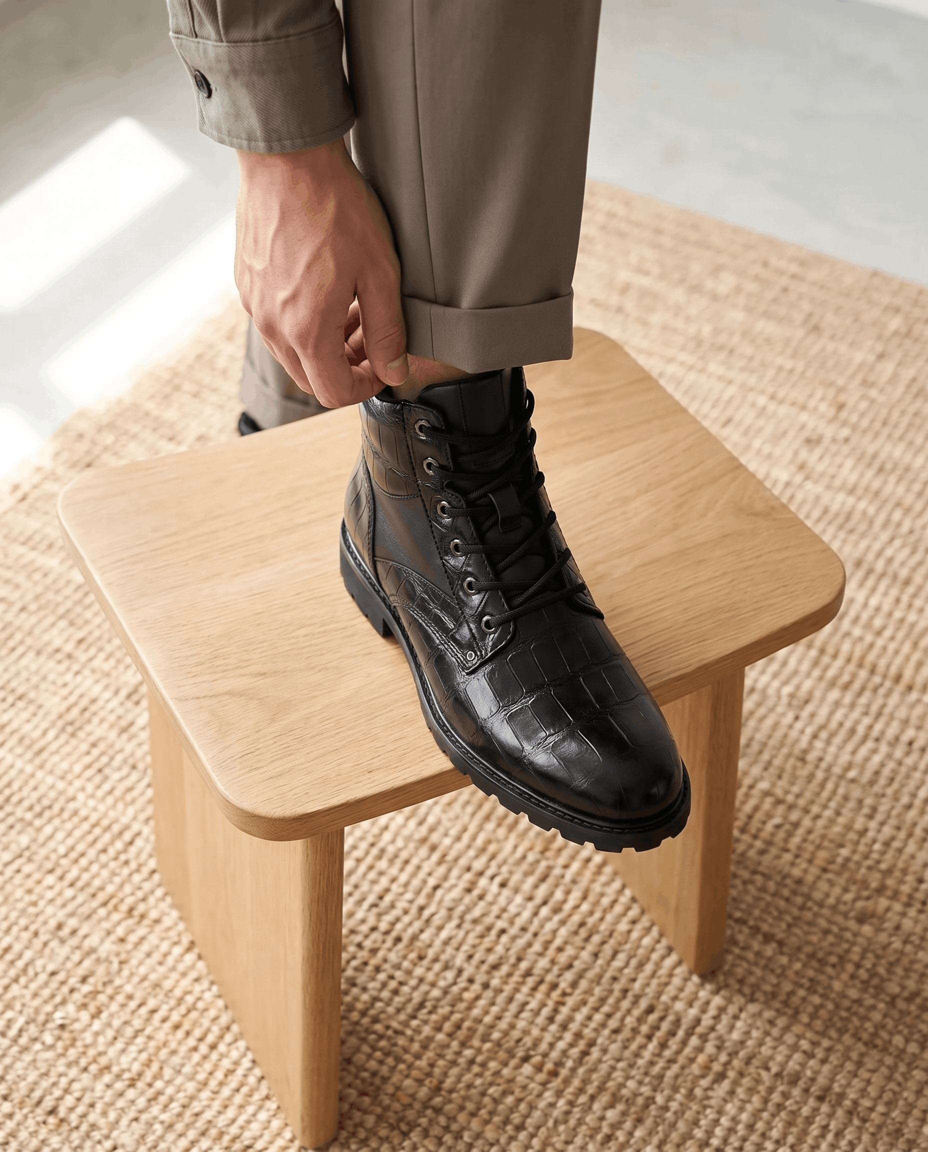 Black leather ankle boots with embossed reptile grain, polished metal eyelets, and a chunky lug outsole on a wooden stool.