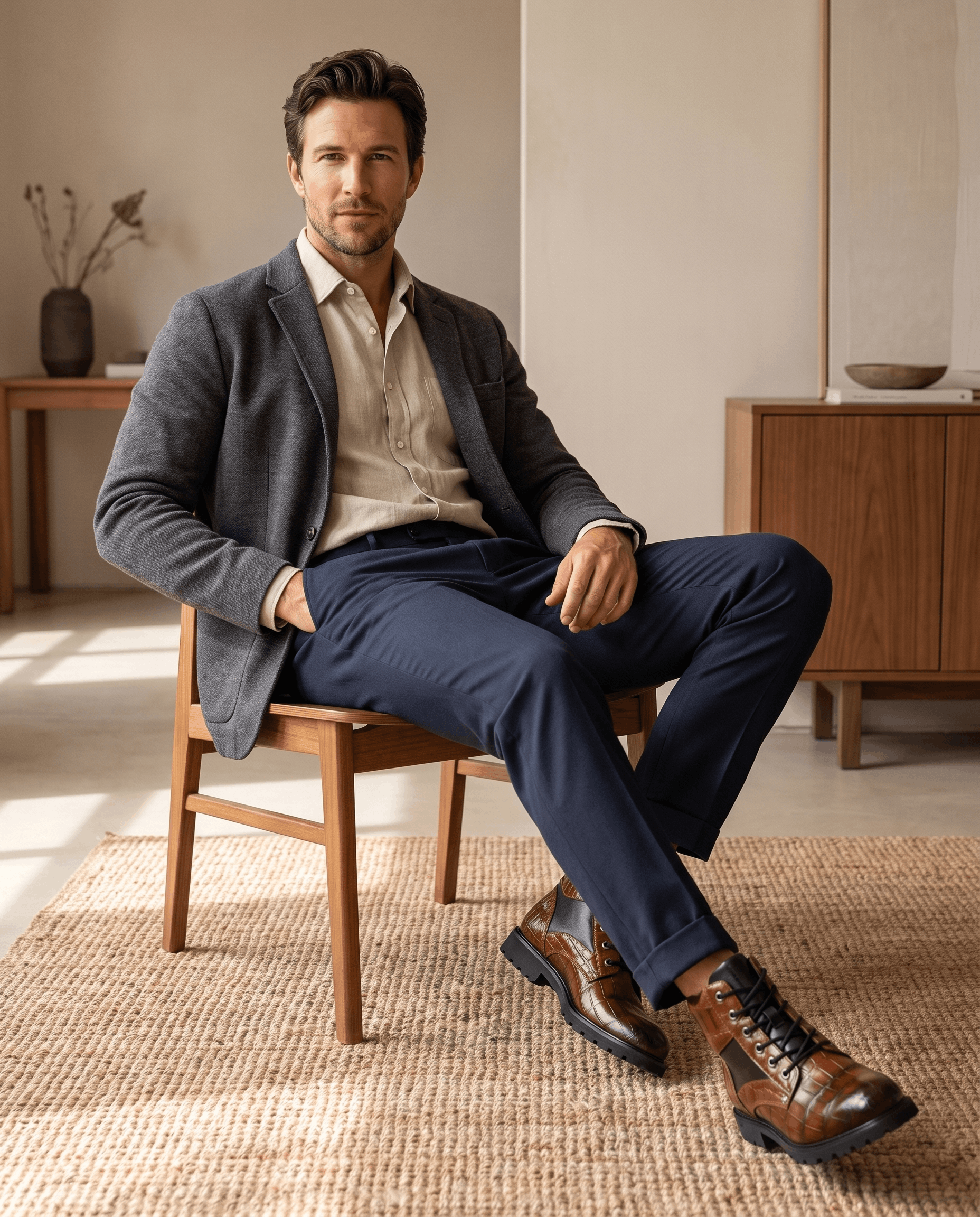 Dark brown embossed reptile-grain leather ankle boots with polished metal eyelets and a chunky lug outsole worn by a seated man.