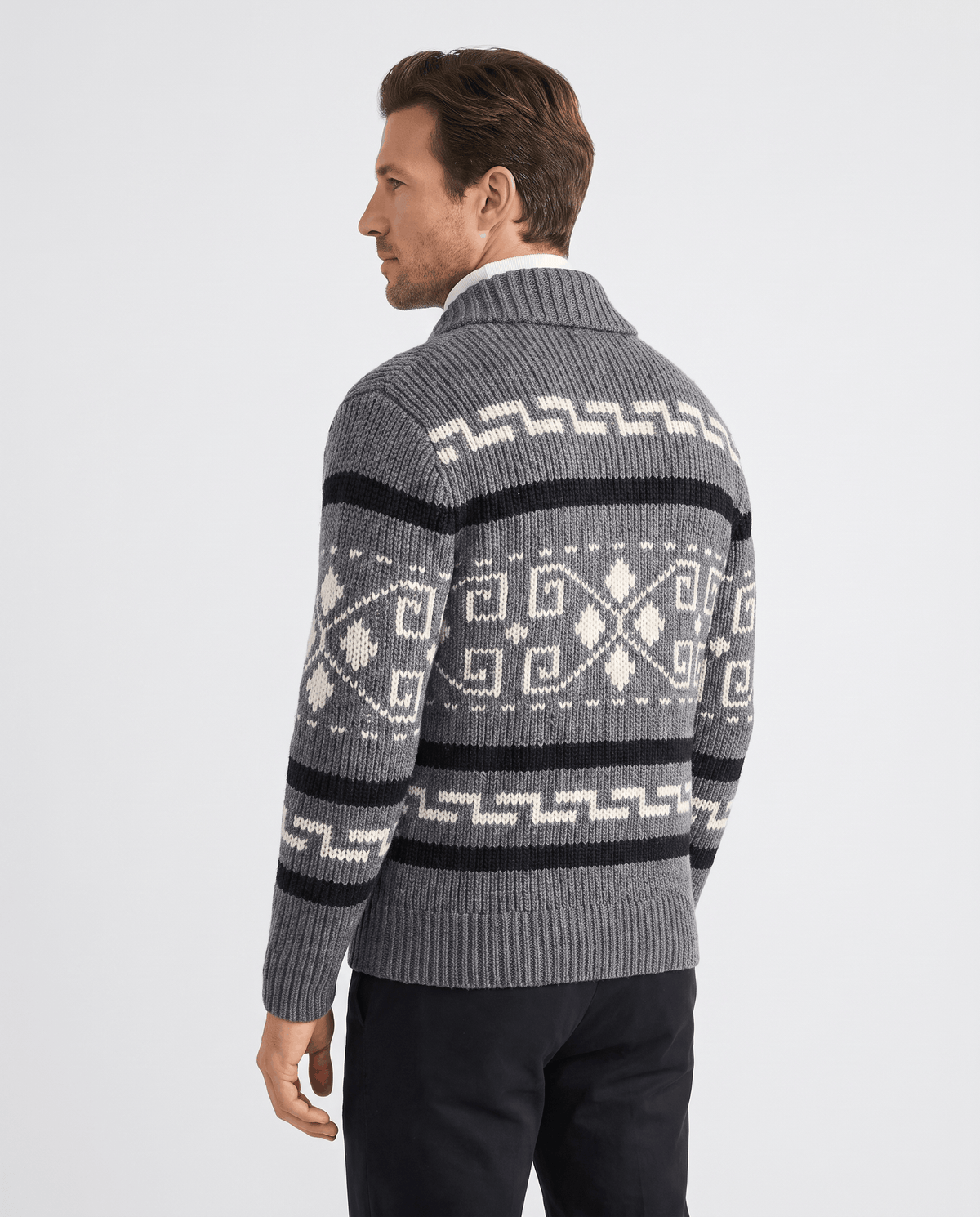 Back view of gray geometric jacquard cardigan with shawl collar
