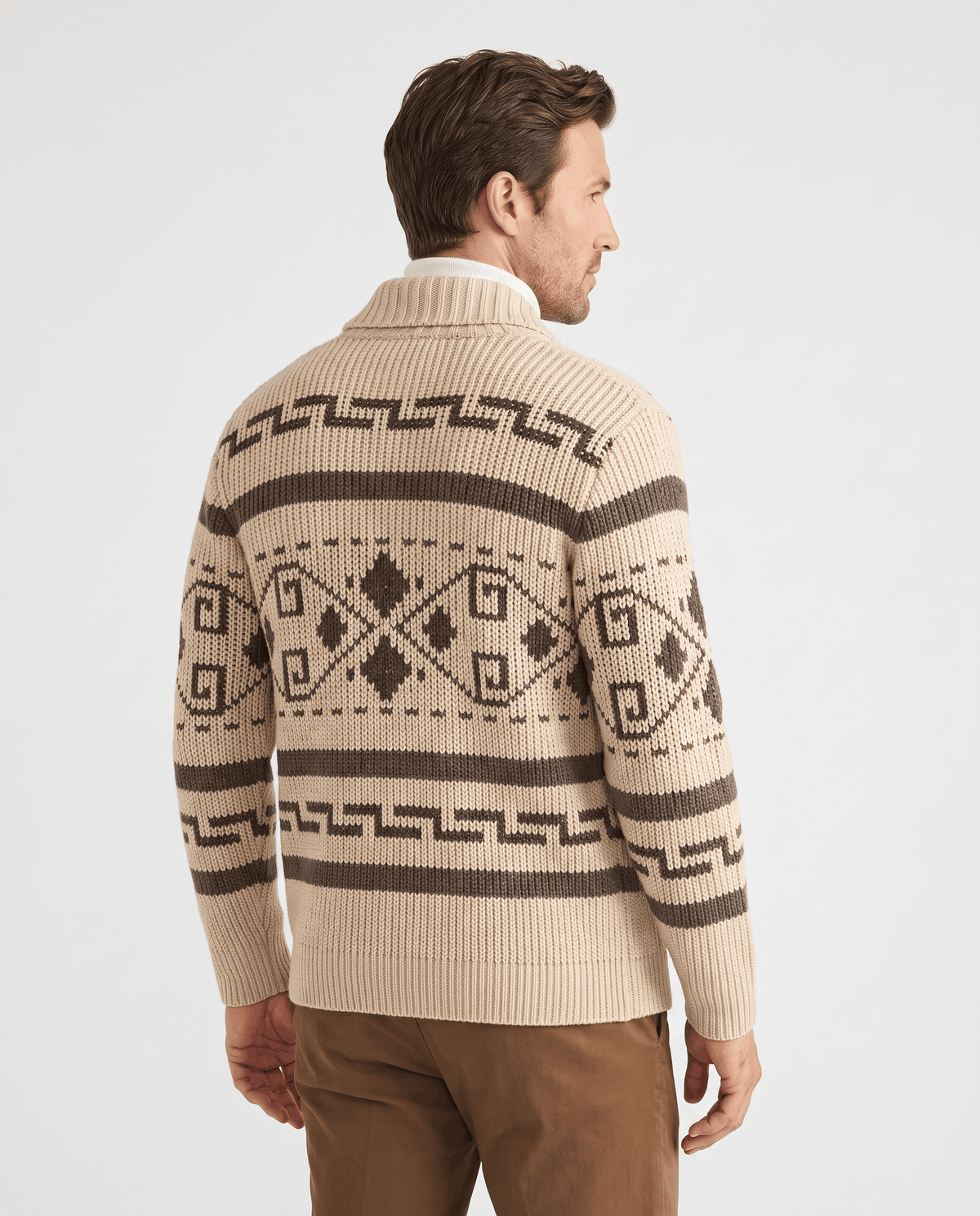 Back view of khaki geometric jacquard cardigan with brown pattern