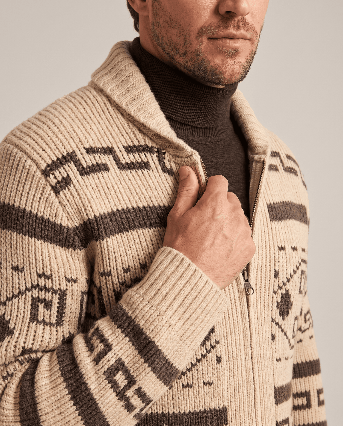 Khaki cardigan zip front and shawl collar shown in close view