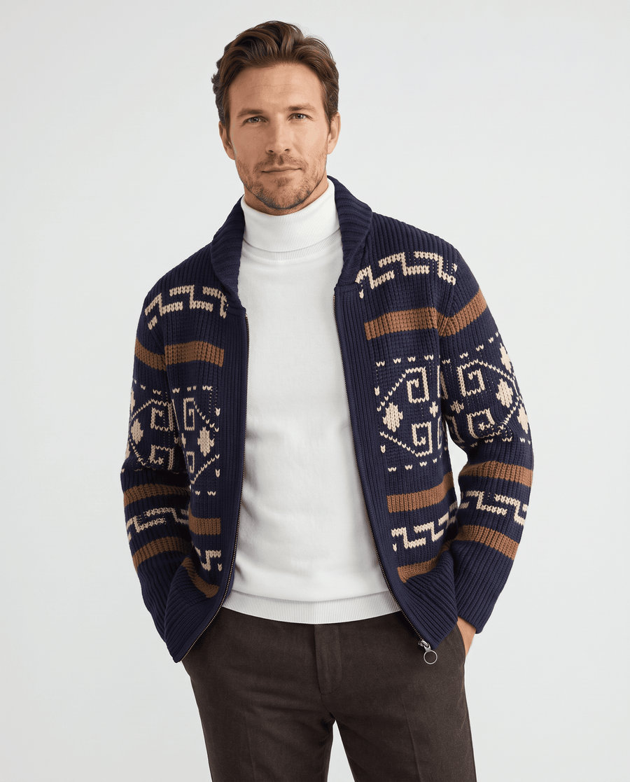 Men's Shawl Collar Cardigan – Zip Front, Geometric Pattern & Regular Fit | Maxwell