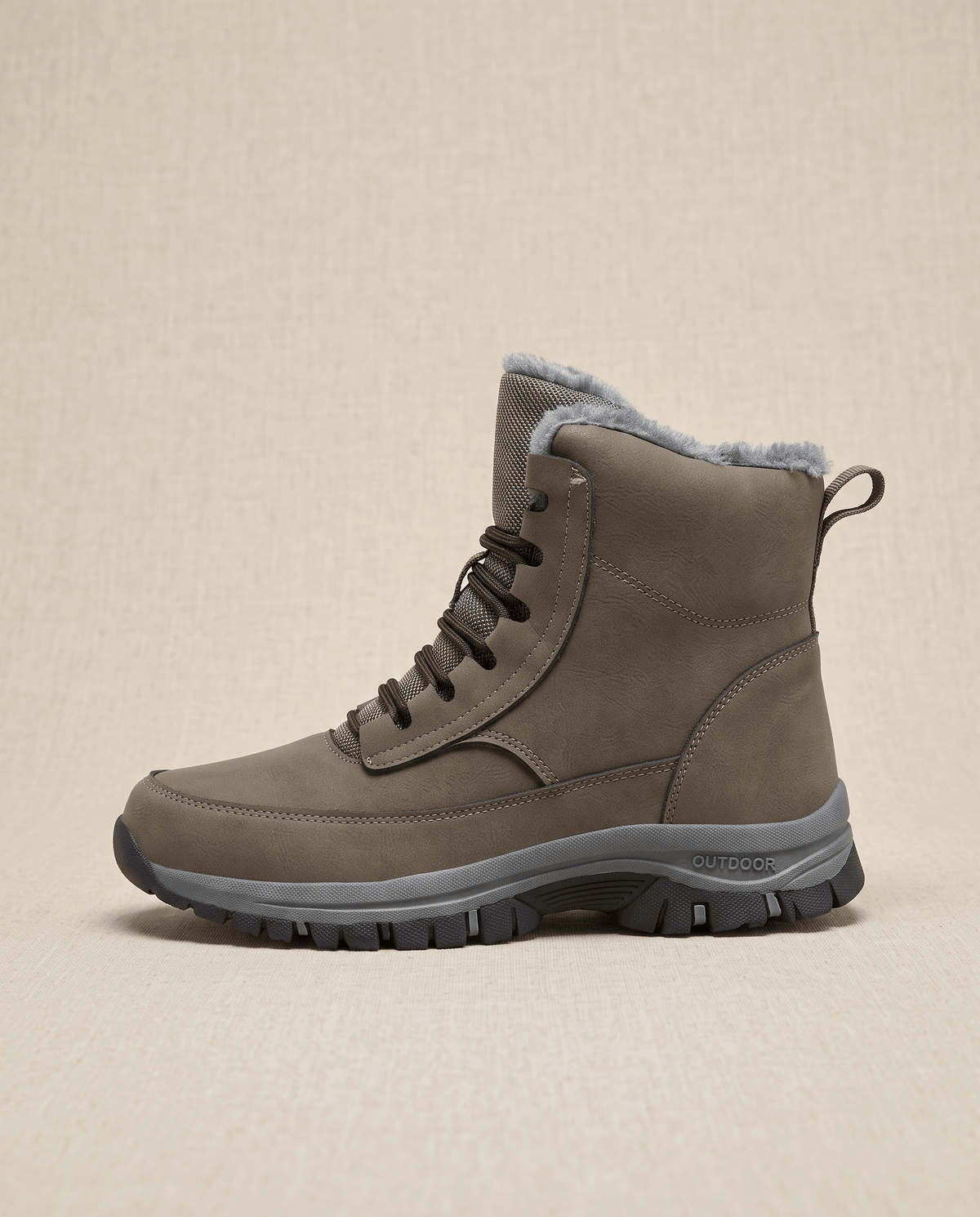 Khaki insulated lace-up winter boot shown from the side against a neutral background.