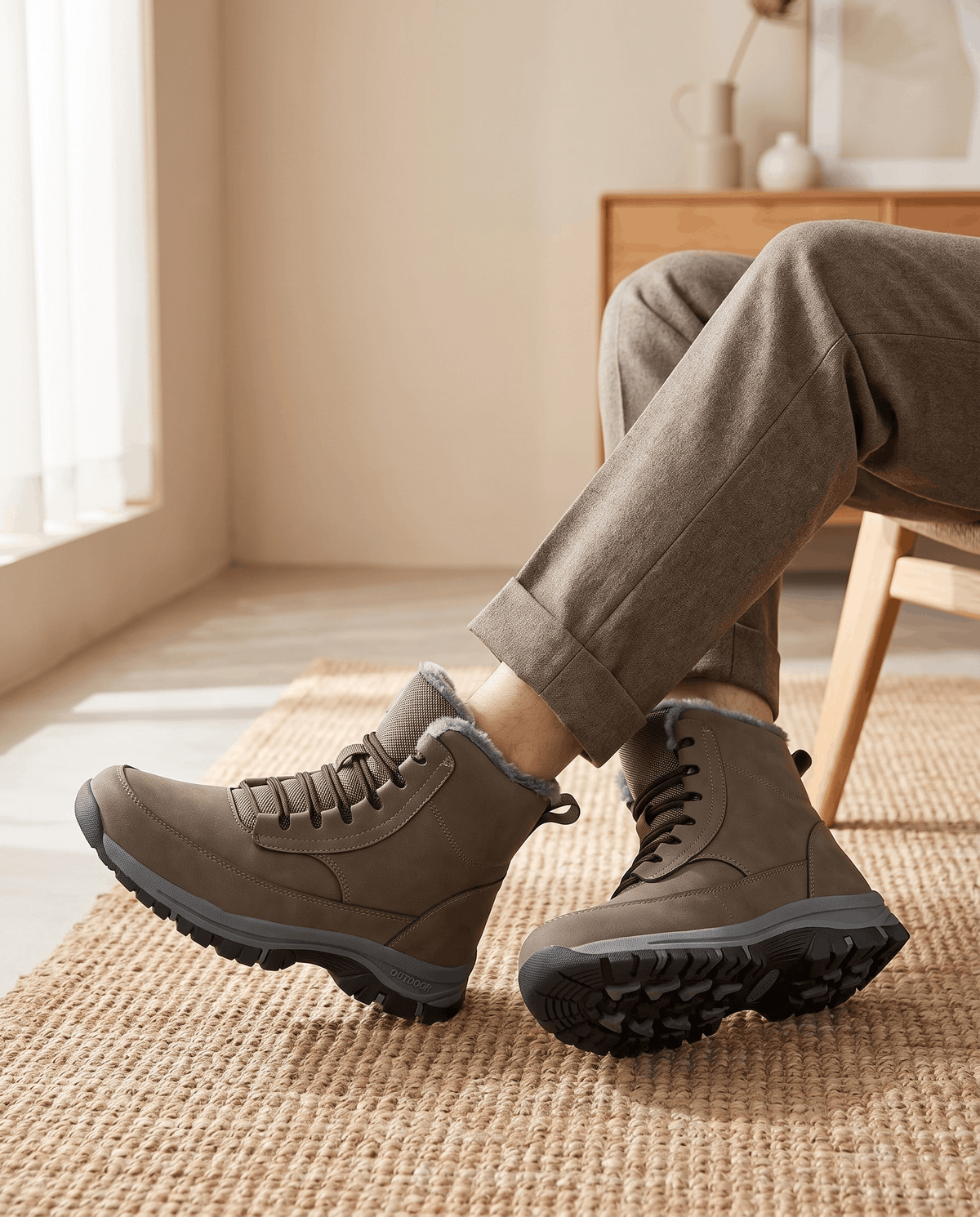 Person wearing khaki winter boots with dark pants while seated indoors.