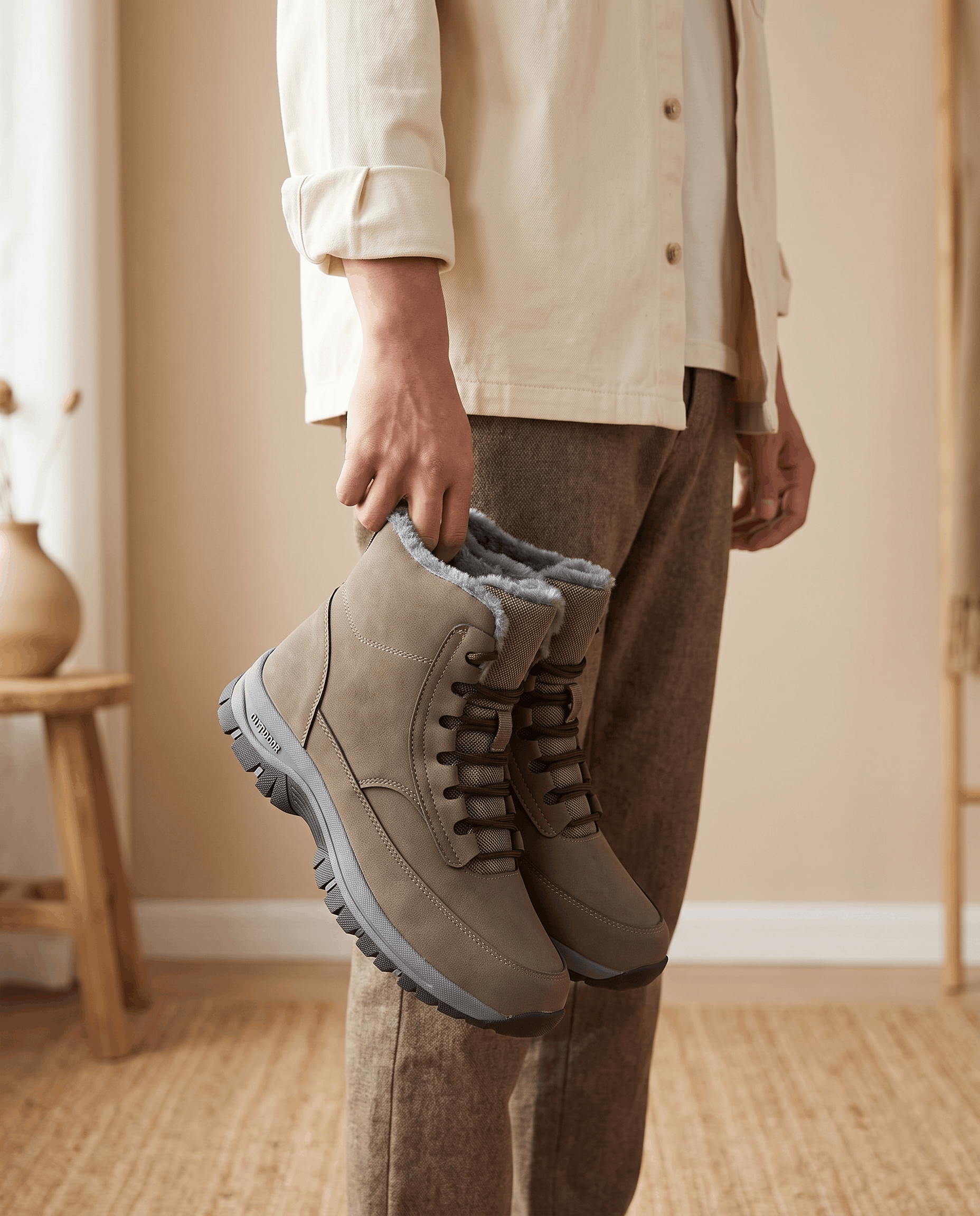 Person holding a pair of khaki insulated winter boots indoors.