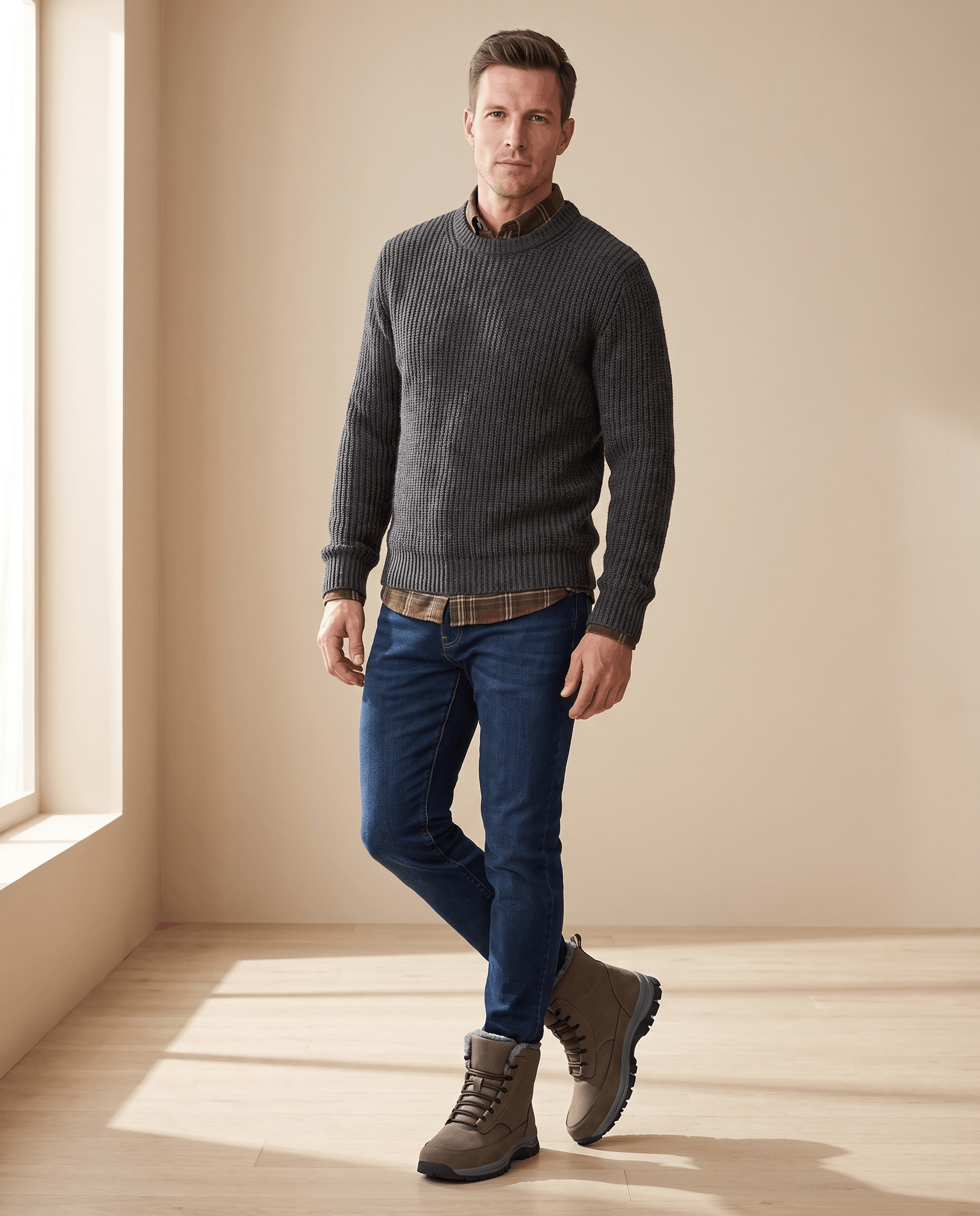 Man wearing khaki winter boots with a dark sweater and blue jeans.