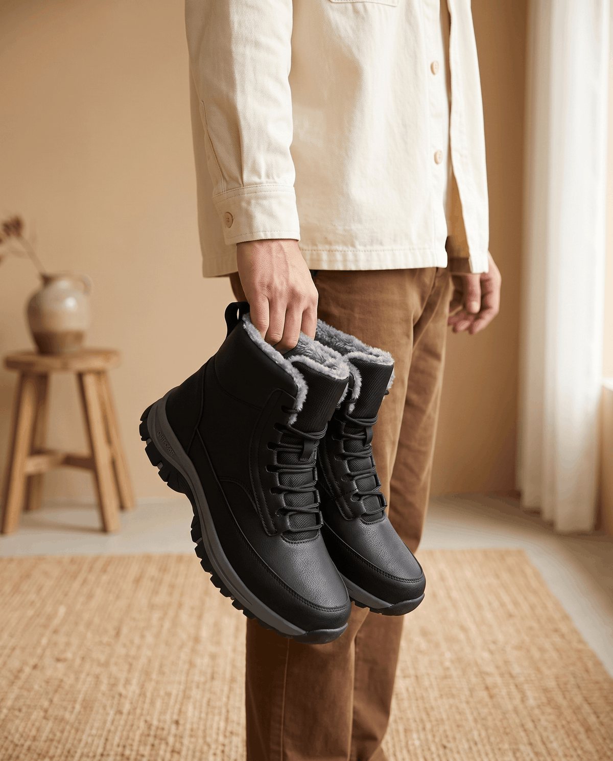 Person holding a pair of black winter boots indoors.
