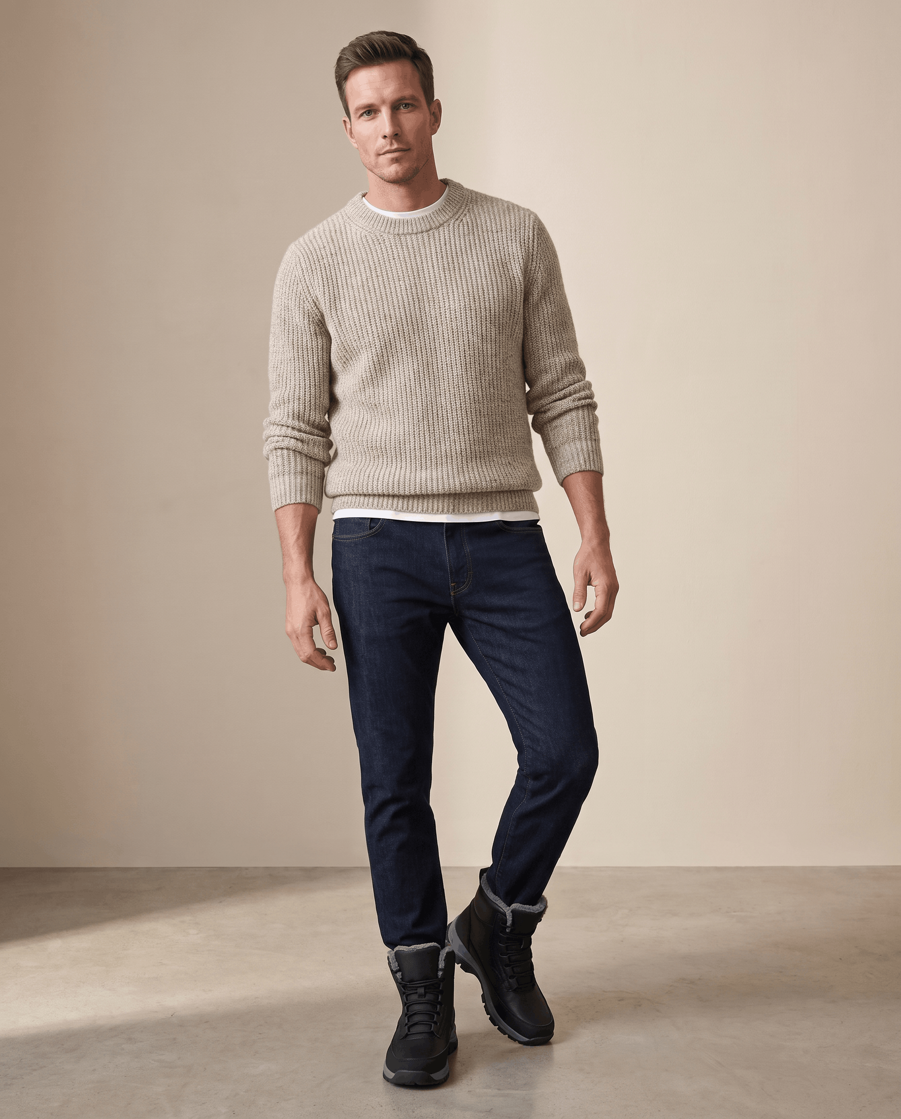 Man wearing black winter boots with a beige sweater and dark pants.