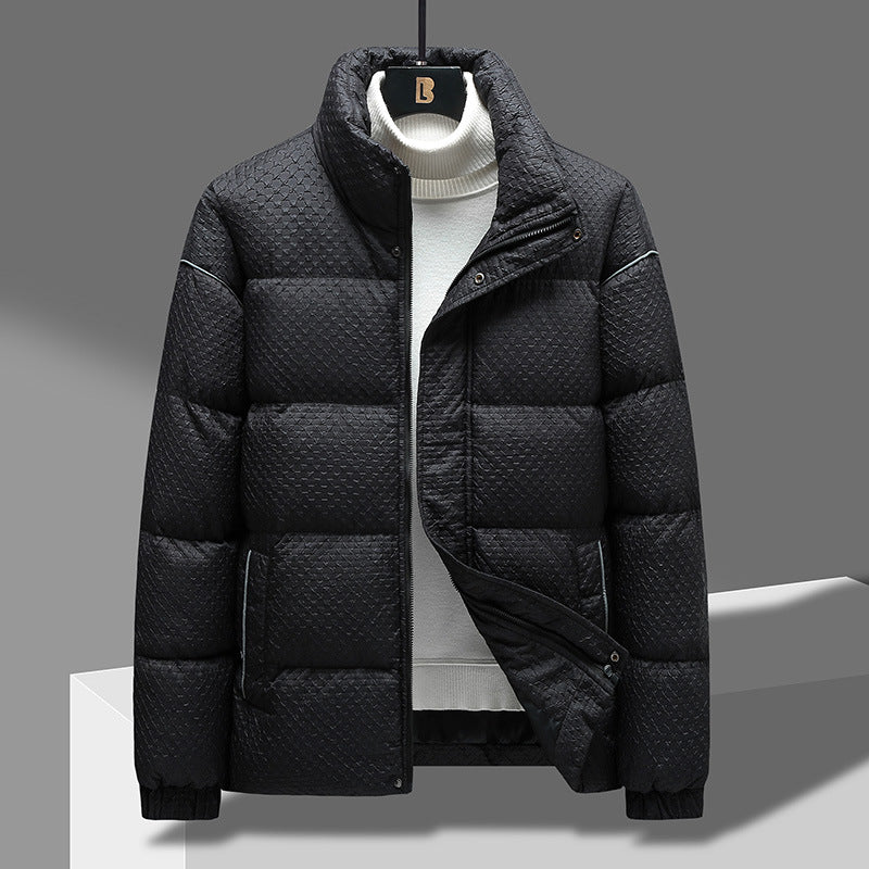 Black puffer on a hanger front view with the chest zip pocket visible