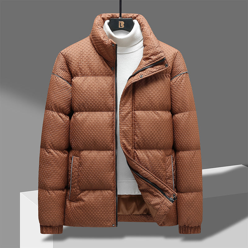 Caramel brown puffer photographed on a hanger showing the chest zip pocket