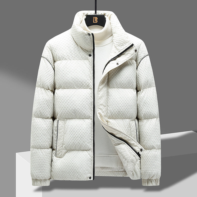 White puffer on a hanger front view showing the stand collar and zip