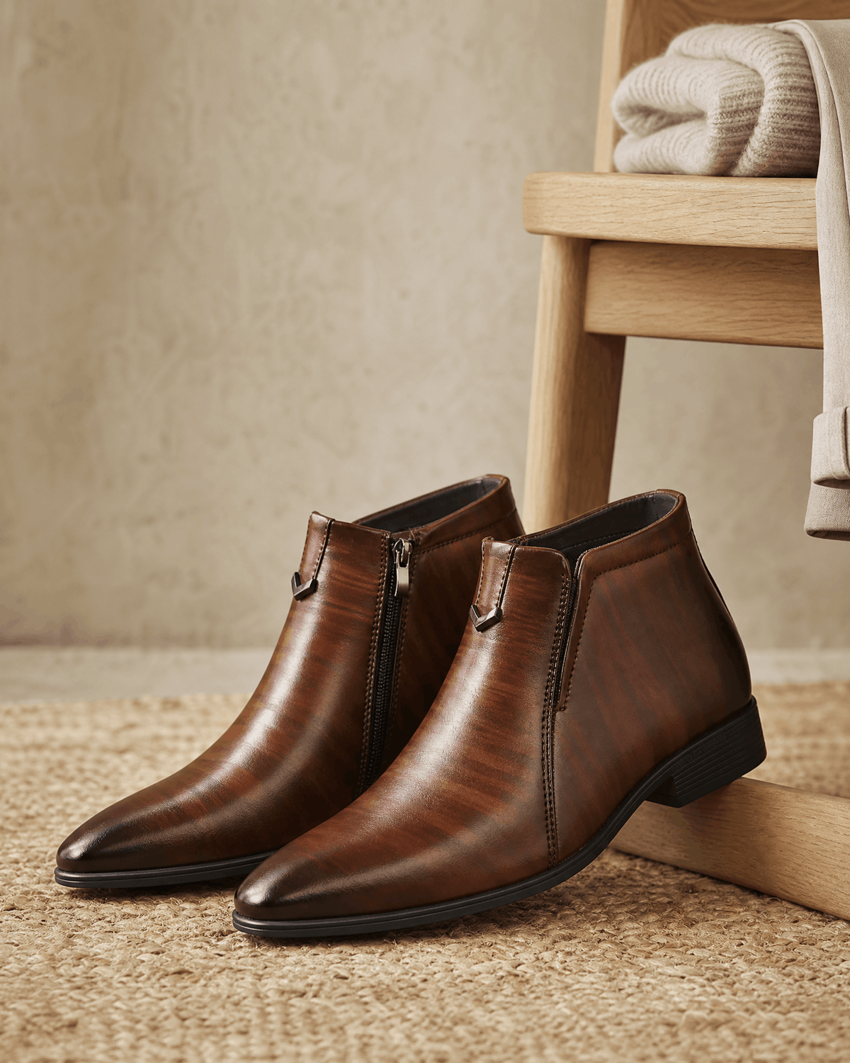 Polished brown grain leather side-zip ankle boots with a pointed toe, notched topline, and low block heel on a textured rug.