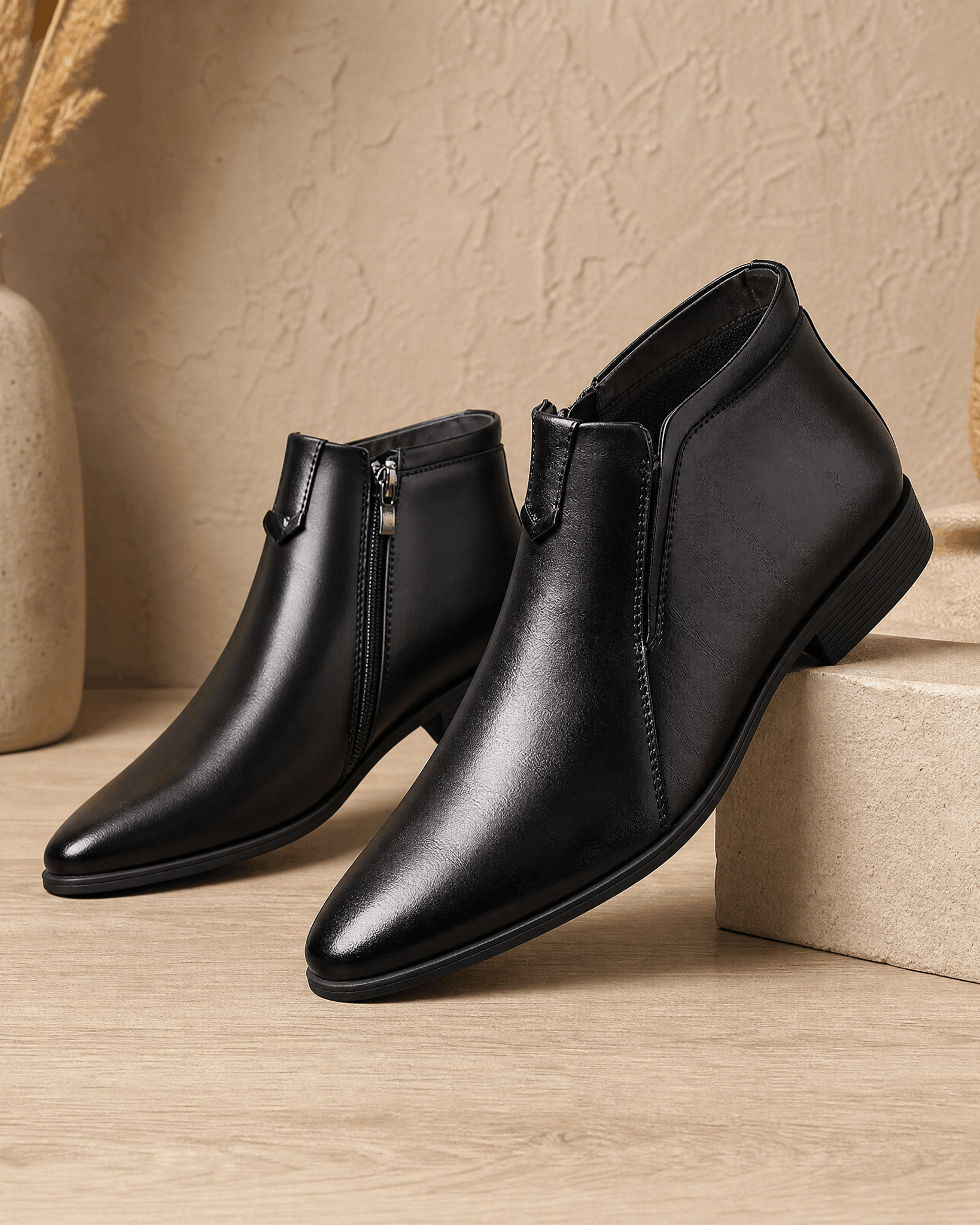 Black polished grain leather ankle boots with a pointed toe, side zip closure, and notched topline on a block heel.