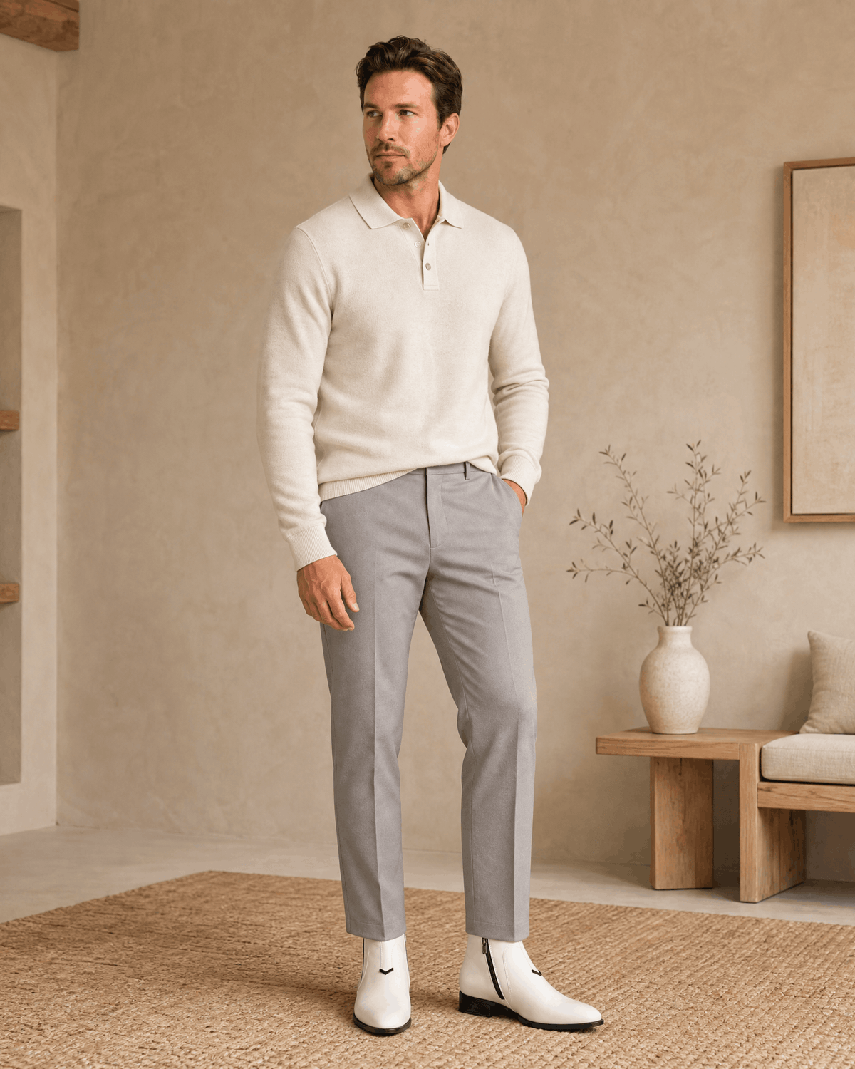 White polished grain side zip boots with a pointed toe and notched topline worn with grey trousers.