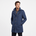 Navy blue single-breasted trench coat with a storm flap, chest pocket and waist pockets.