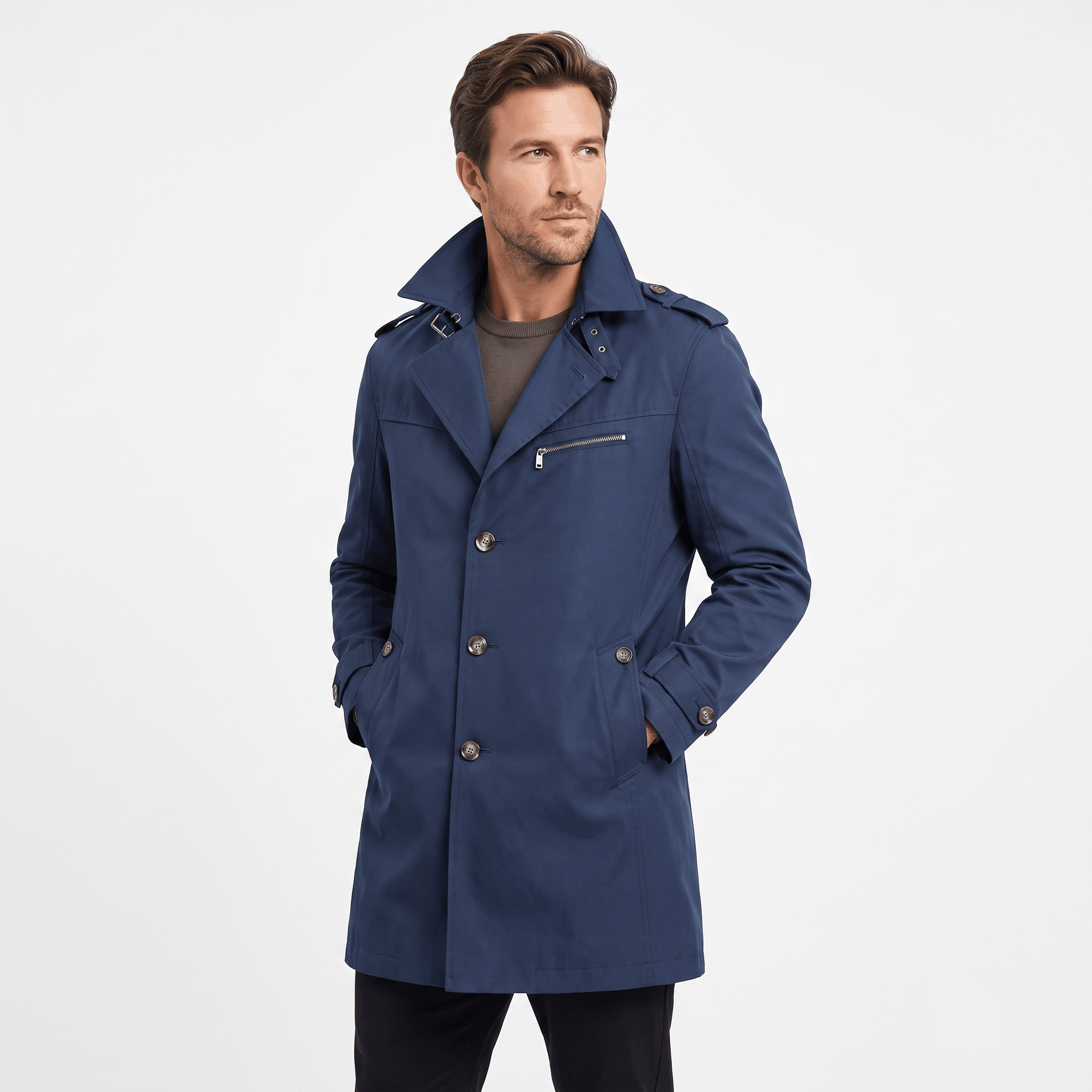 Navy blue single-breasted trench coat with a storm flap, chest pocket and waist pockets.