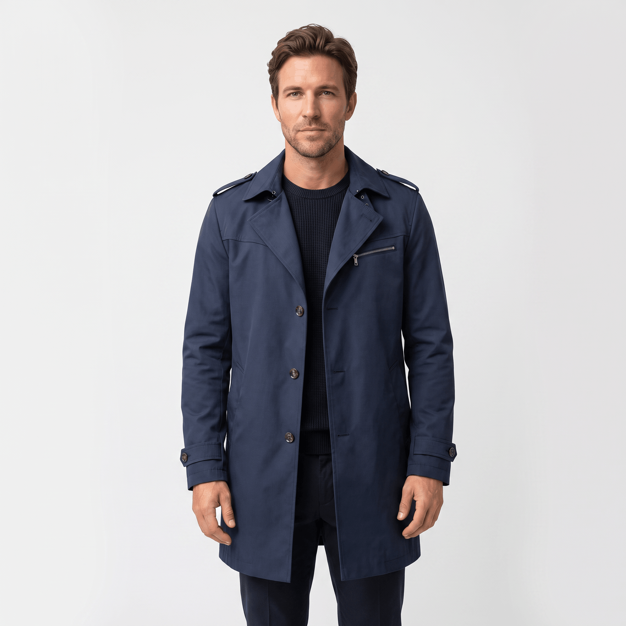 Full-body view of a man wearing a navy blue trench coat.