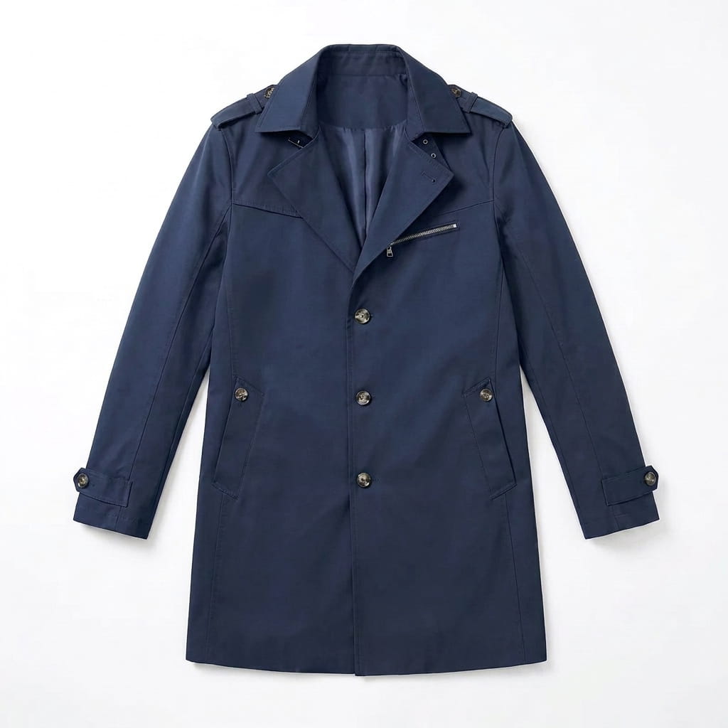 Navy blue single-breasted trench coat displayed flat against a light background.