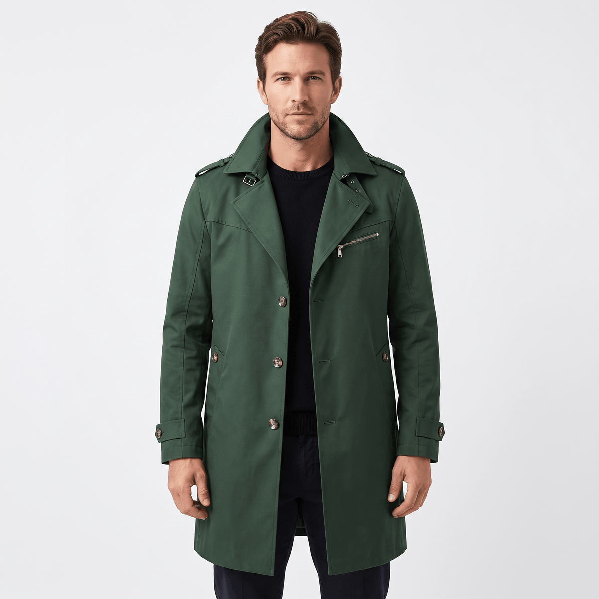 Full-body view of a man wearing a dark green trench coat.