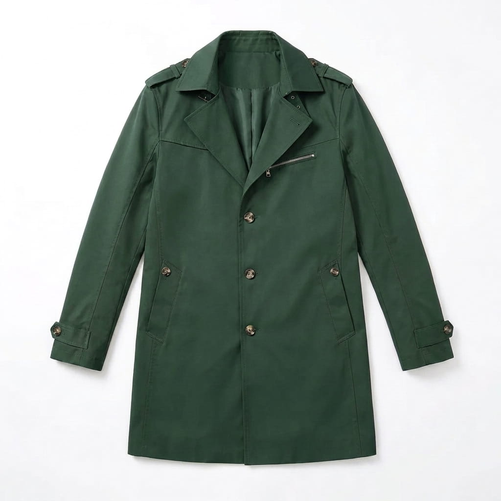 Dark green single-breasted trench coat displayed flat against a light background.