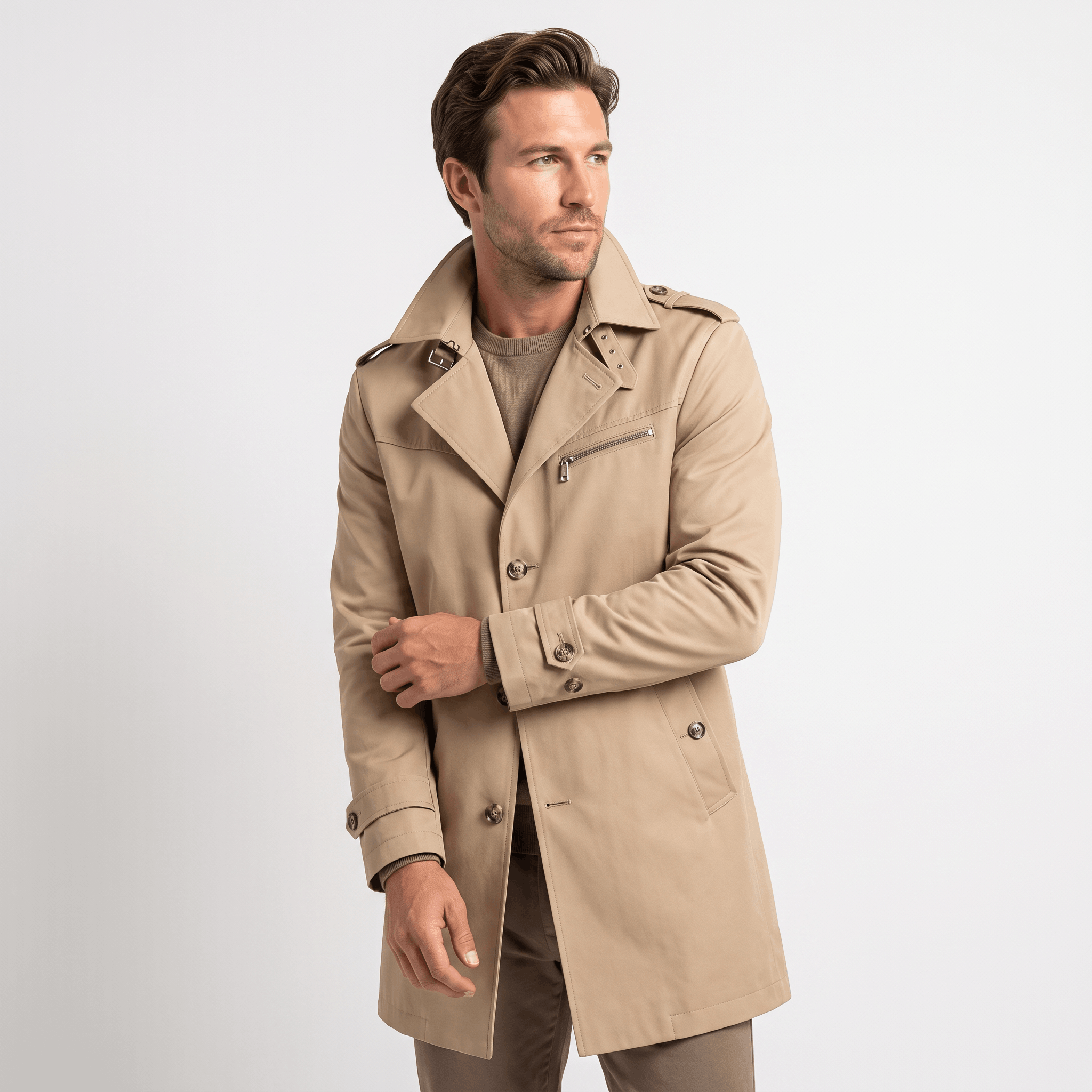 Man wearing a beige trench coat with arms crossed.