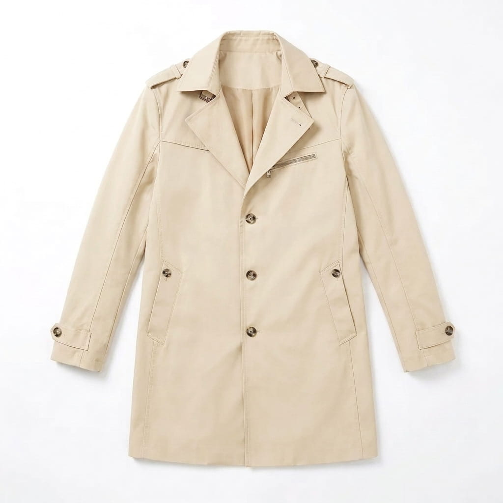 Beige single-breasted trench coat displayed flat against a light background.