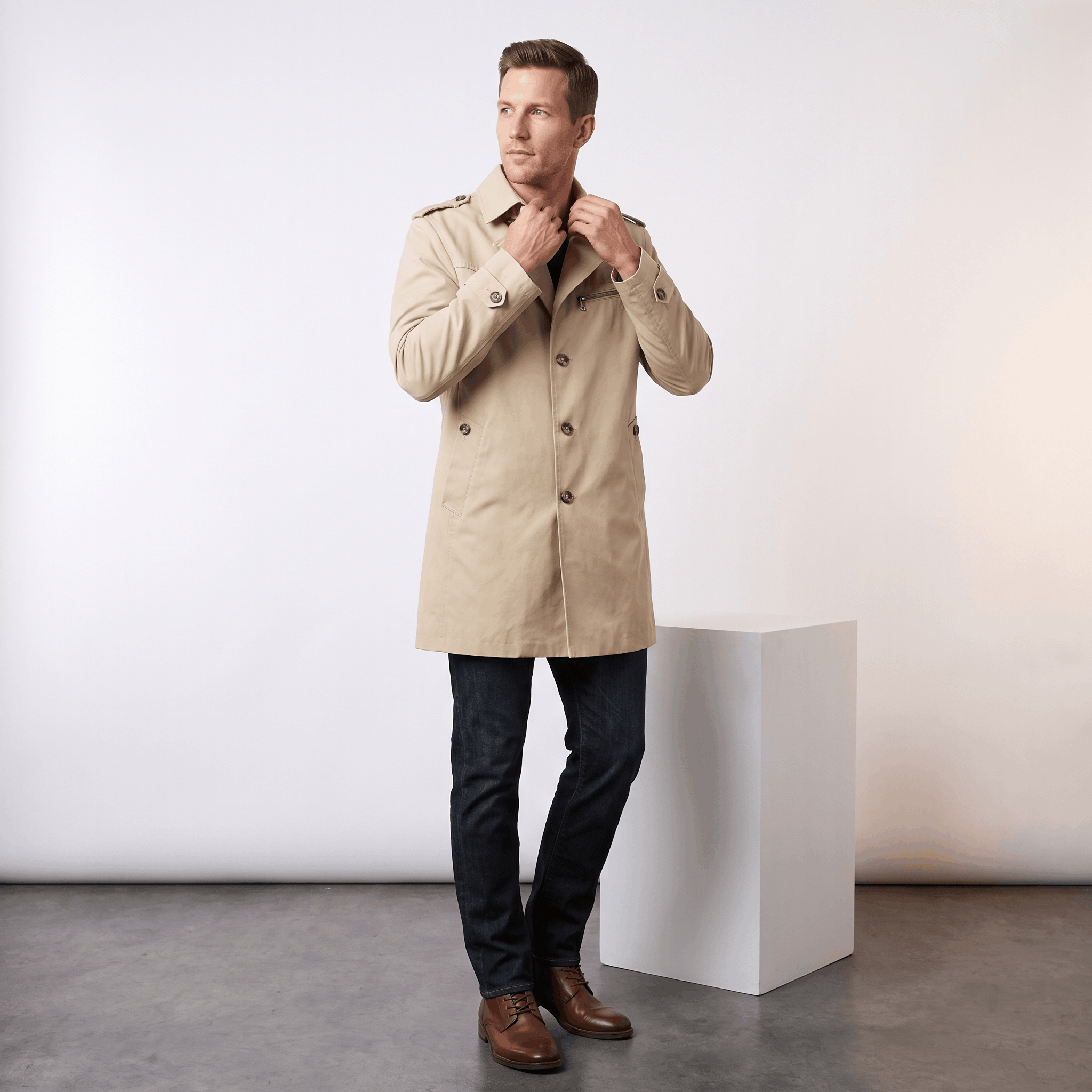 Model wearing a beige single-breasted trench coat over a dark shirt and jeans in a studio.