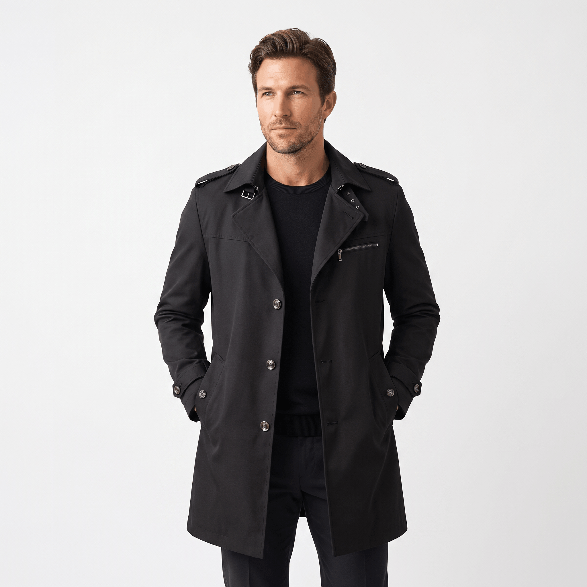 Man wearing a black trench coat with front pockets.
