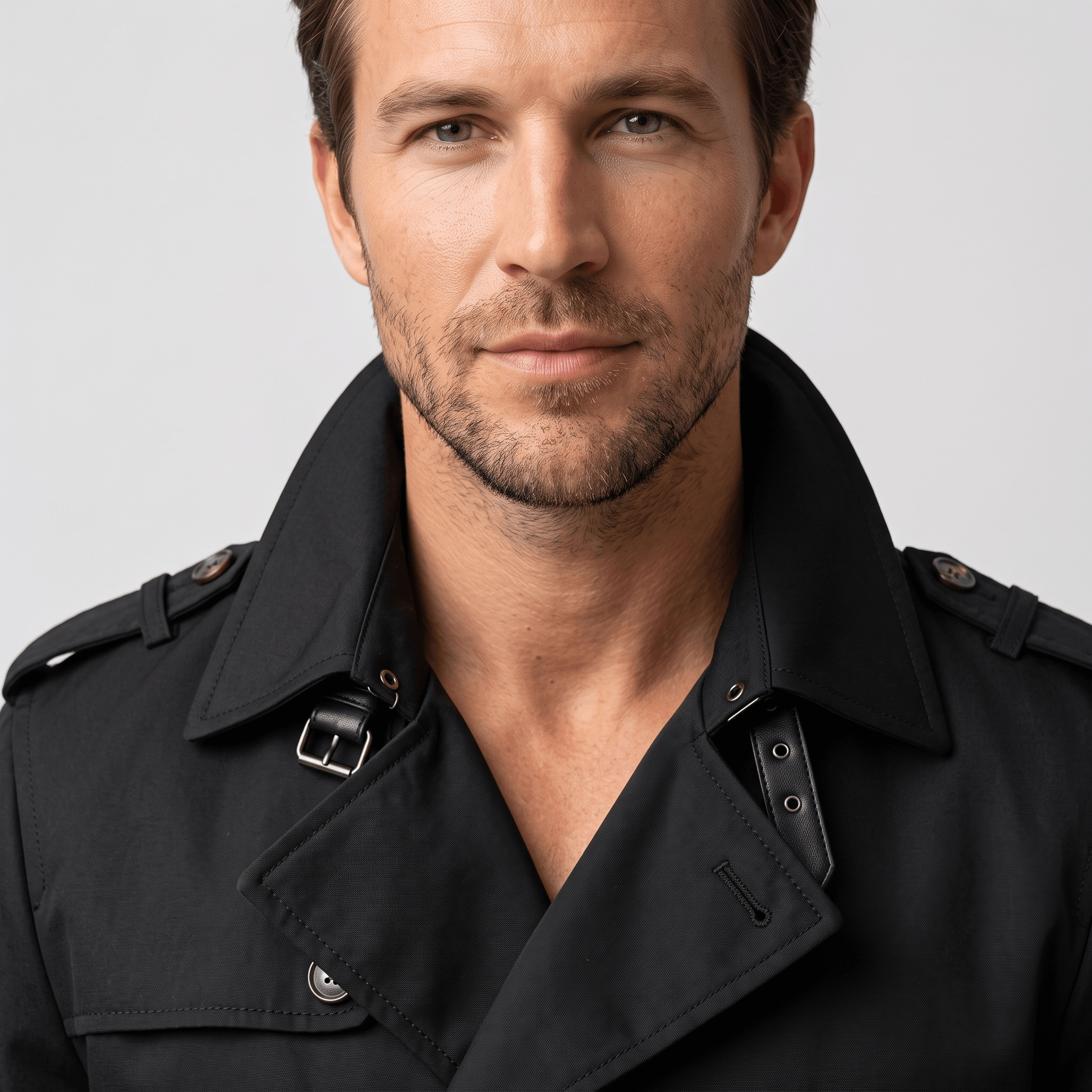 Close-up of a black trench coat showing the collar, lapels, and button details.