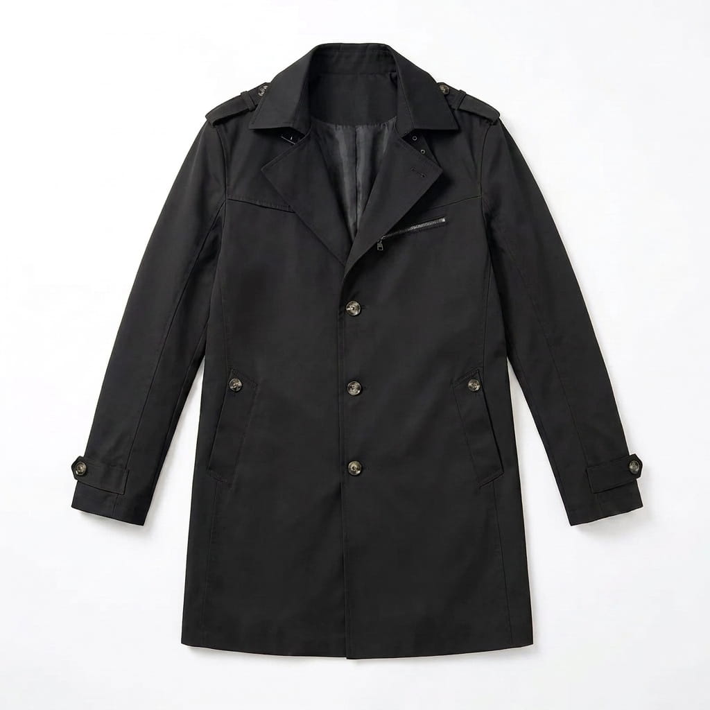 Black single-breasted trench coat displayed flat against a light background.