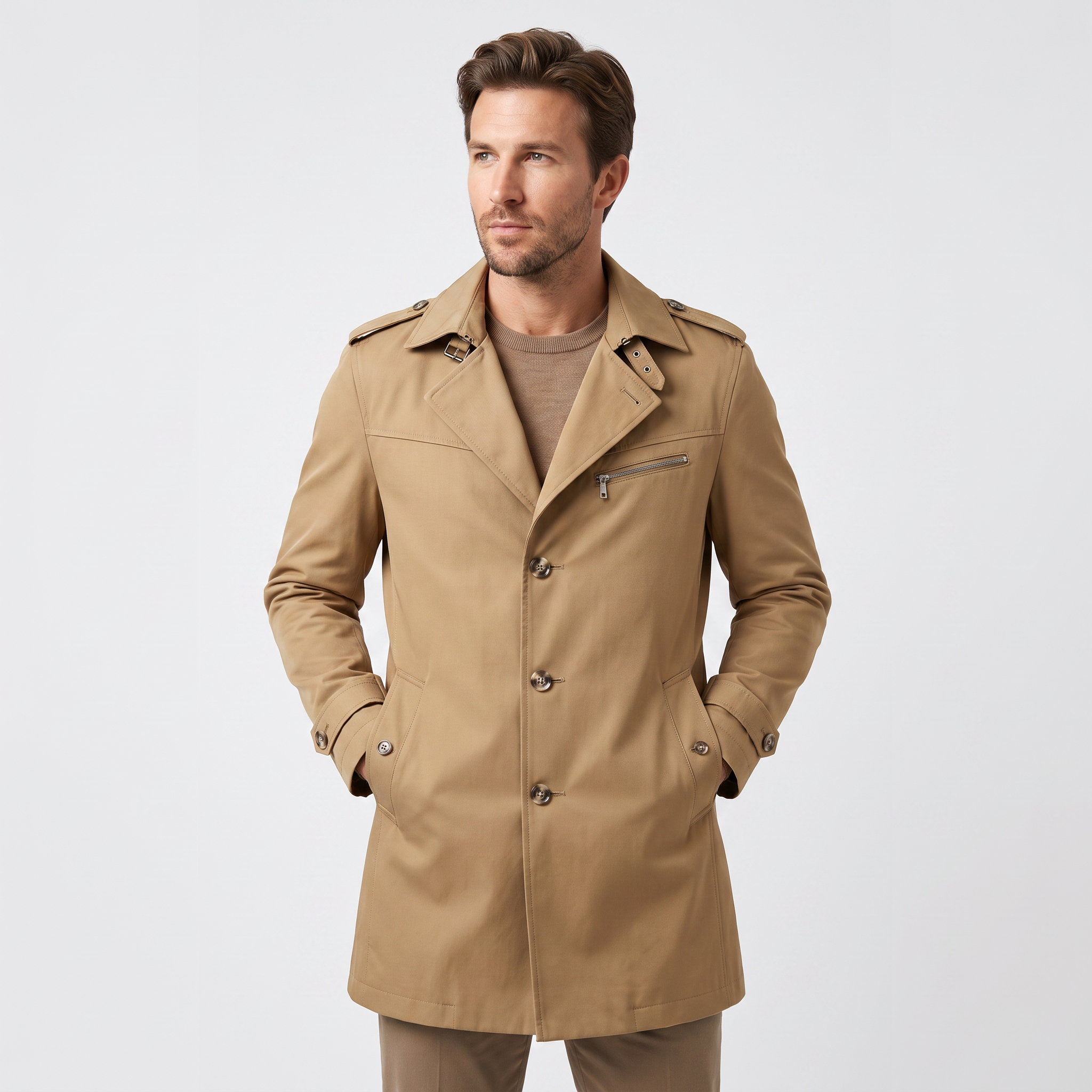 Longline single-breasted trench coat with a point collar, storm flap and epaulettes.