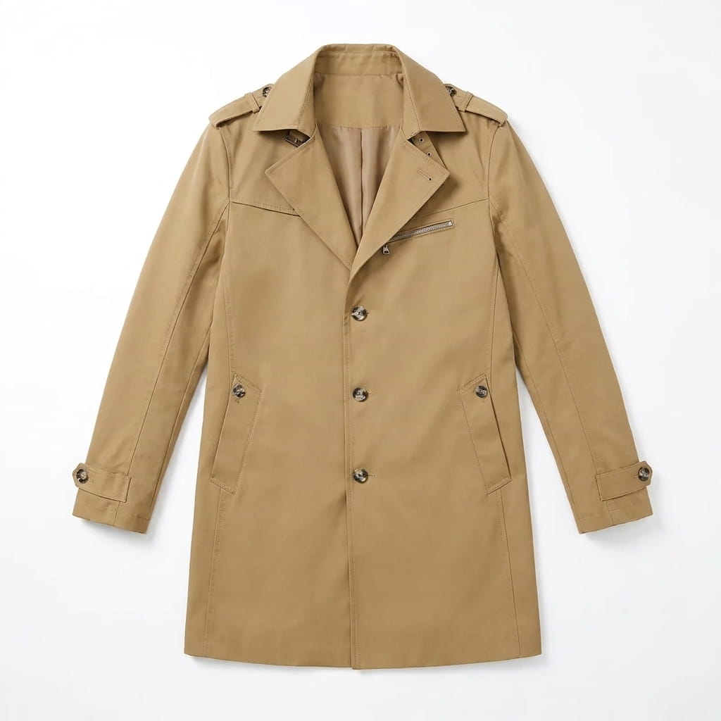 Beige single-breasted trench coat displayed against a light background.