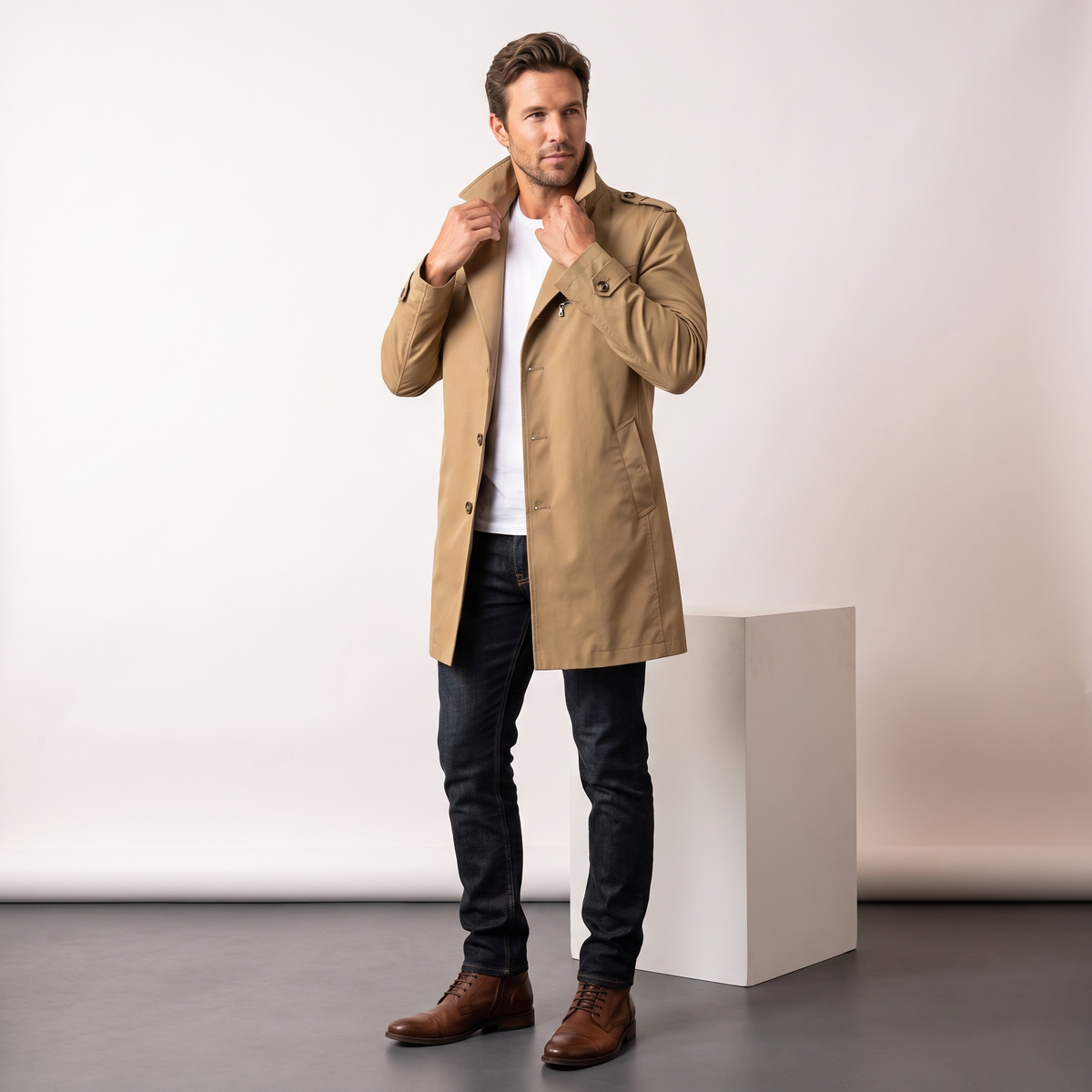 Model wearing a tan single-breasted trench coat over a white shirt and jeans in a studio.