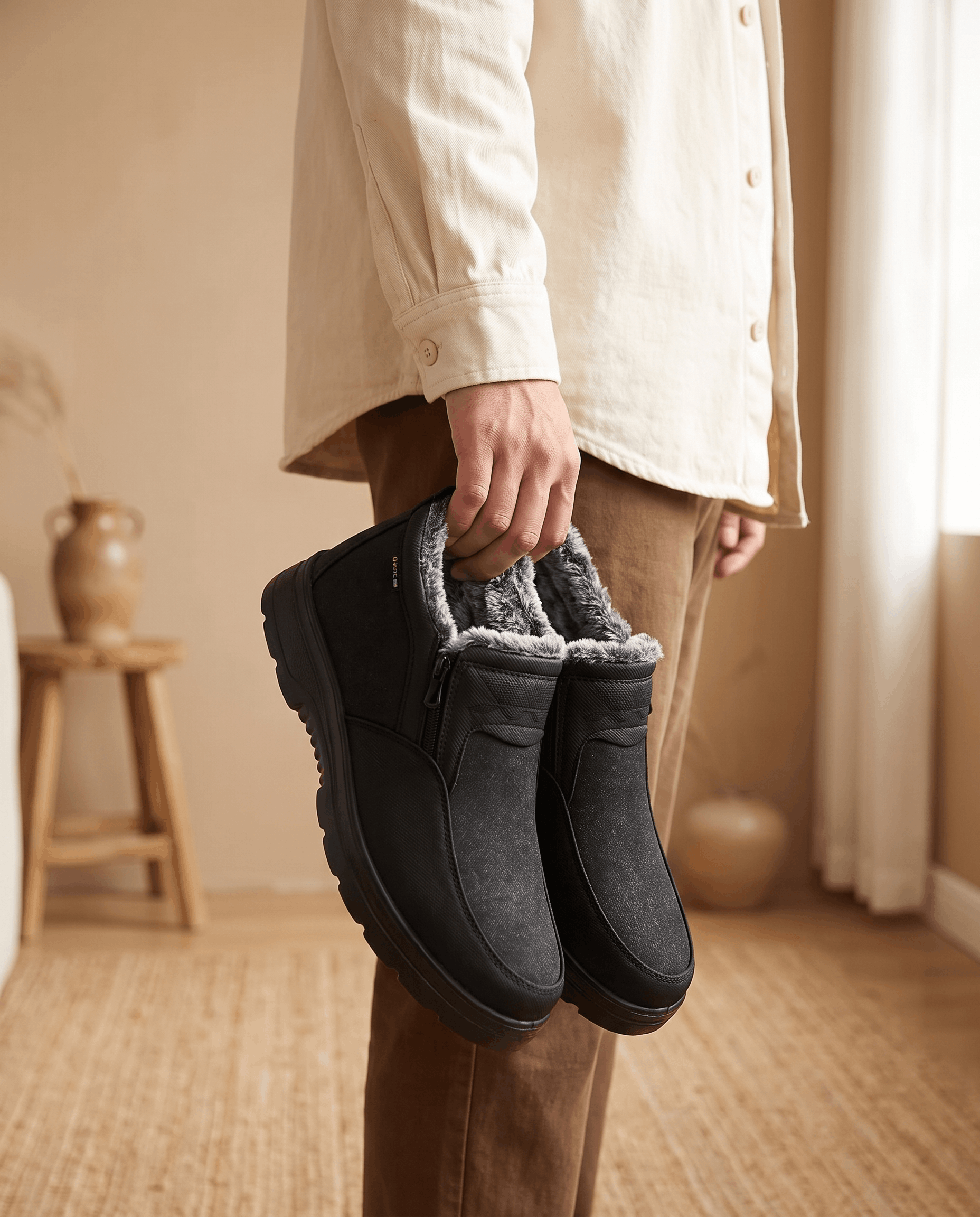 Person holding a pair of black fleece-lined ankle boots indoors.