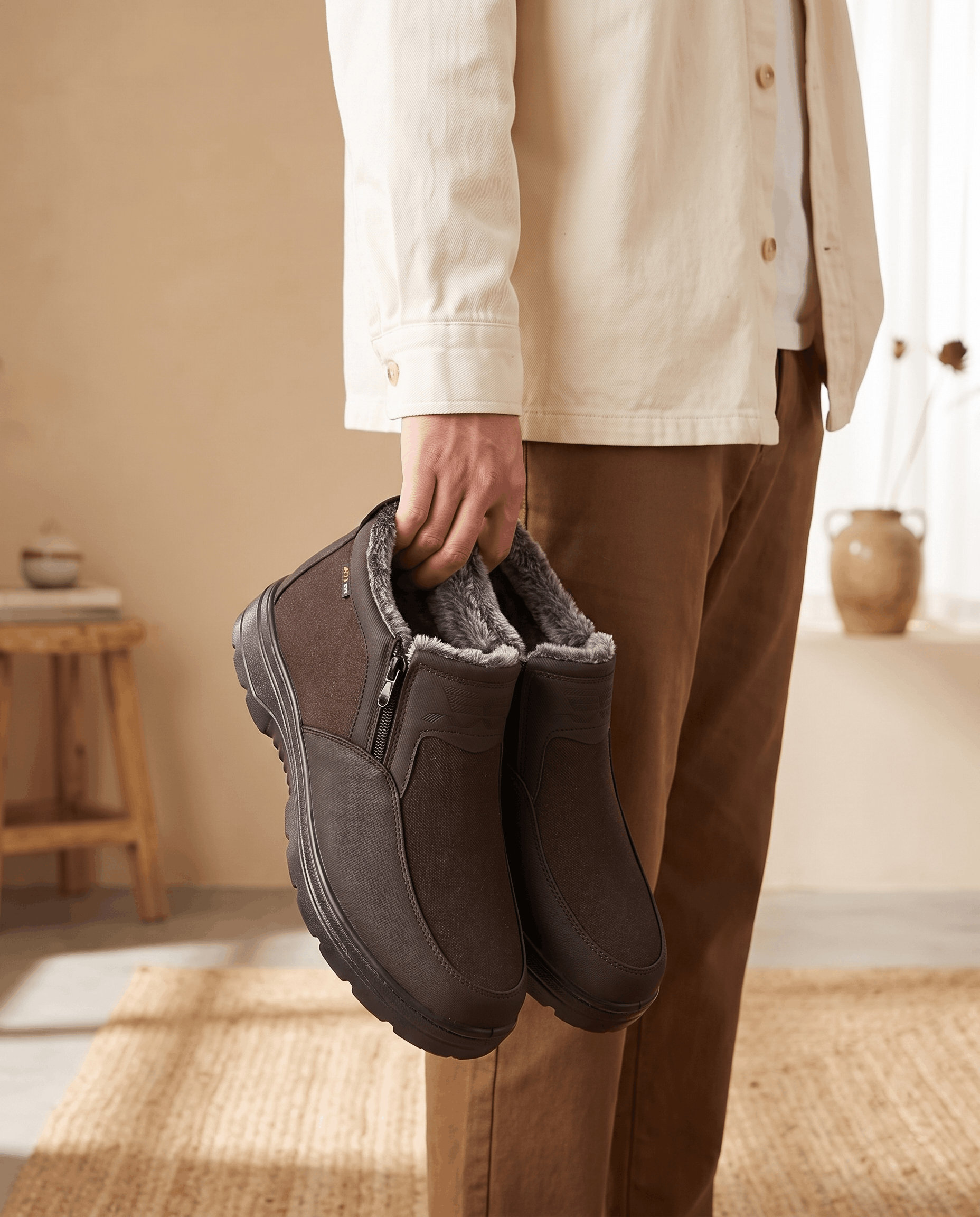Person holding brown fleece-lined ankle boots indoors.