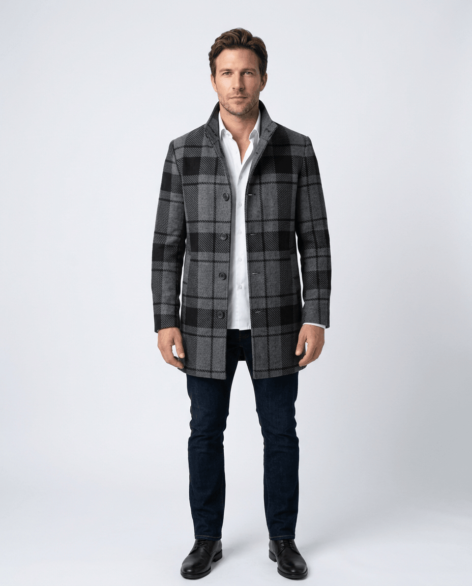 Front view of the black and gray plaid overcoat buttoned over a white shirt