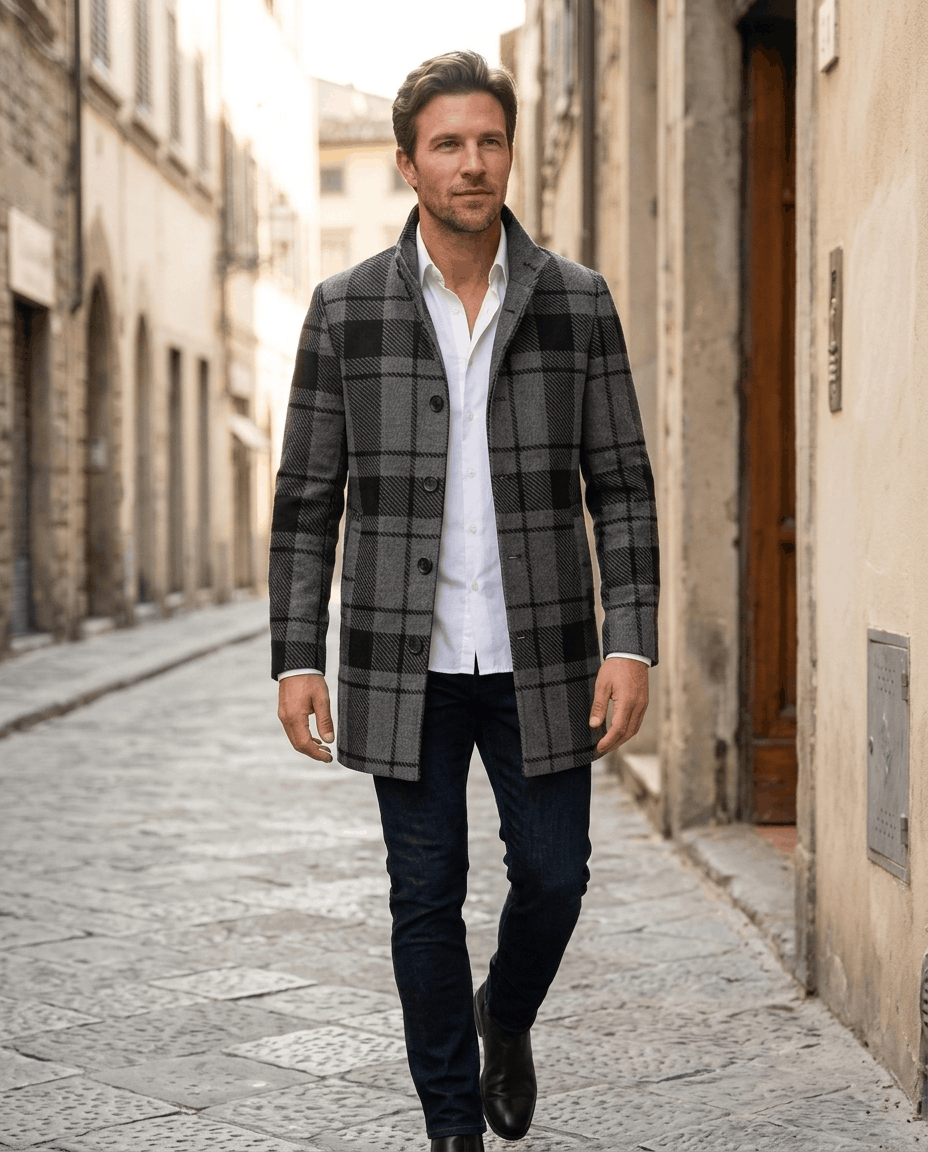 Man walking a cobblestone street in the black and gray plaid overcoat