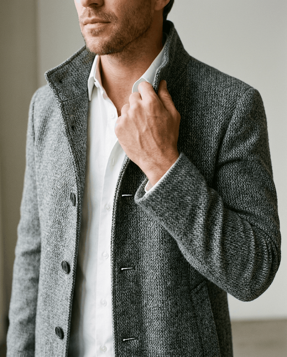 Close-up of the light gray herringbone texture, stand collar and button front