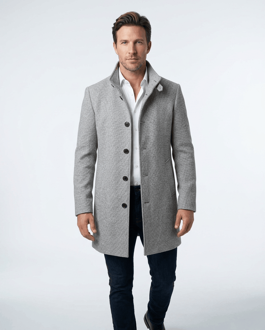 Front view of the light gray overcoat buttoned over a white shirt and dark trousers