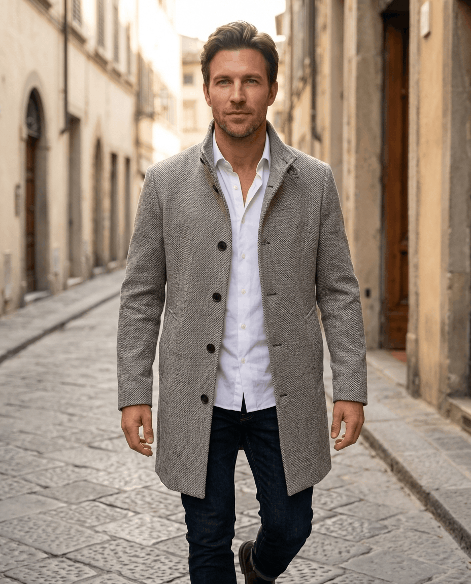 Man walking a cobblestone street in the light gray overcoat and white shirt