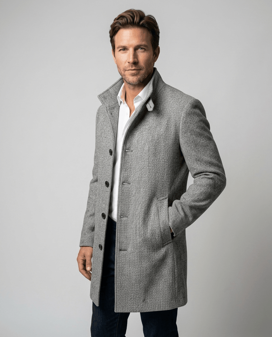 Men's tailored wool overcoat in light gray with a stand collar, worn over a white shirt