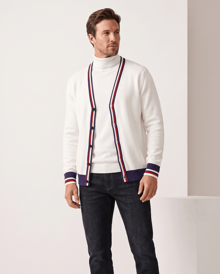 Stripe-Trim V-Neck Cardigan Sweater – Button Front, Fine Knit & Wool Blend | Rhodes