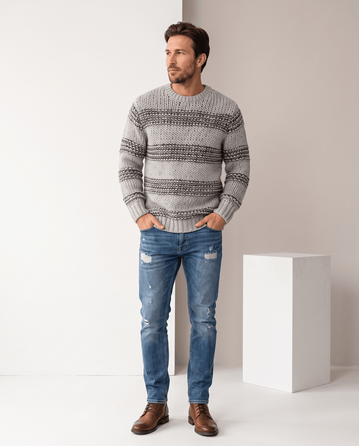 Full-length gray striped sweater look with ripped jeans and brown boots
