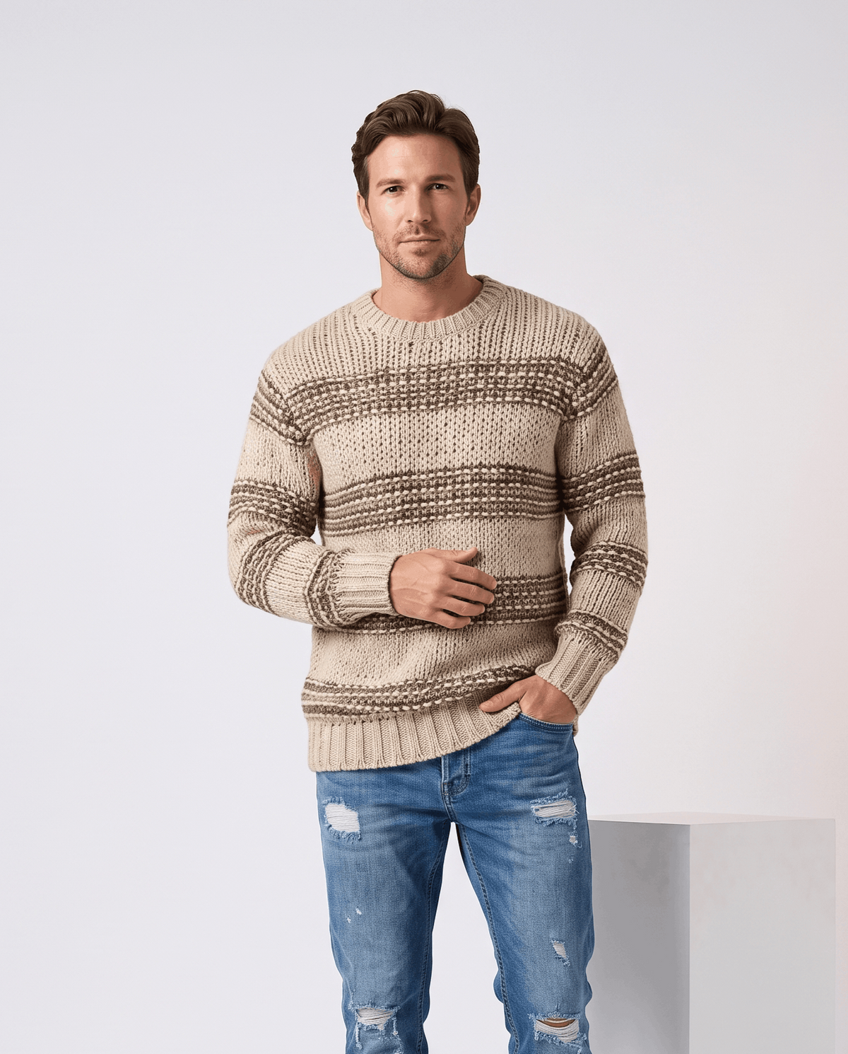Man wearing men's striped chunky knit crew neck sweater in khaki with ripped jeans