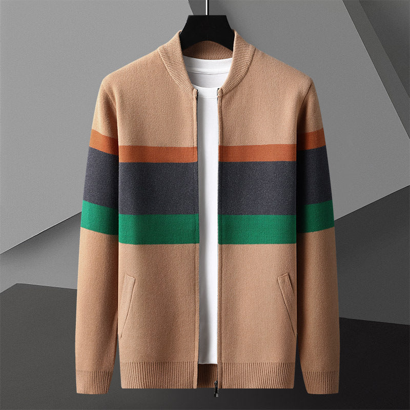 Beige striped zip cardigan hanging open on a hanger with ribbed cuffs and hem visible