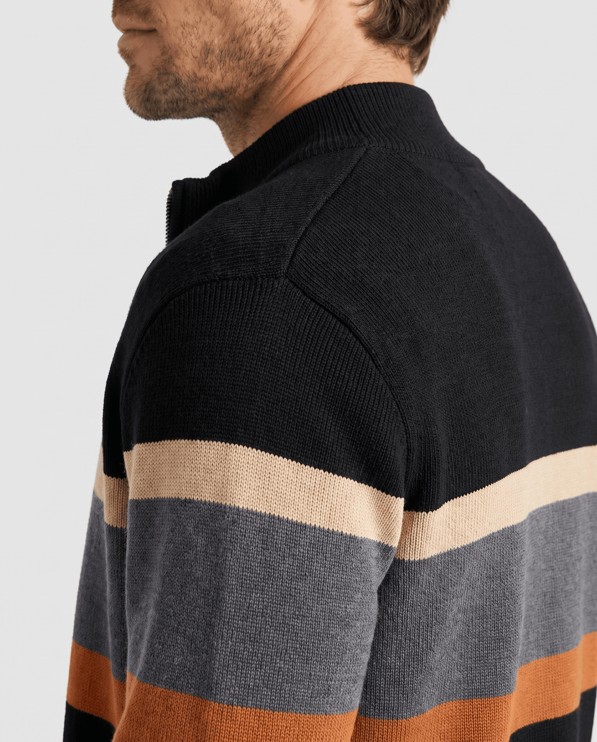 Side close-up of the stand collar and cream and gray bands on the black and orange knit