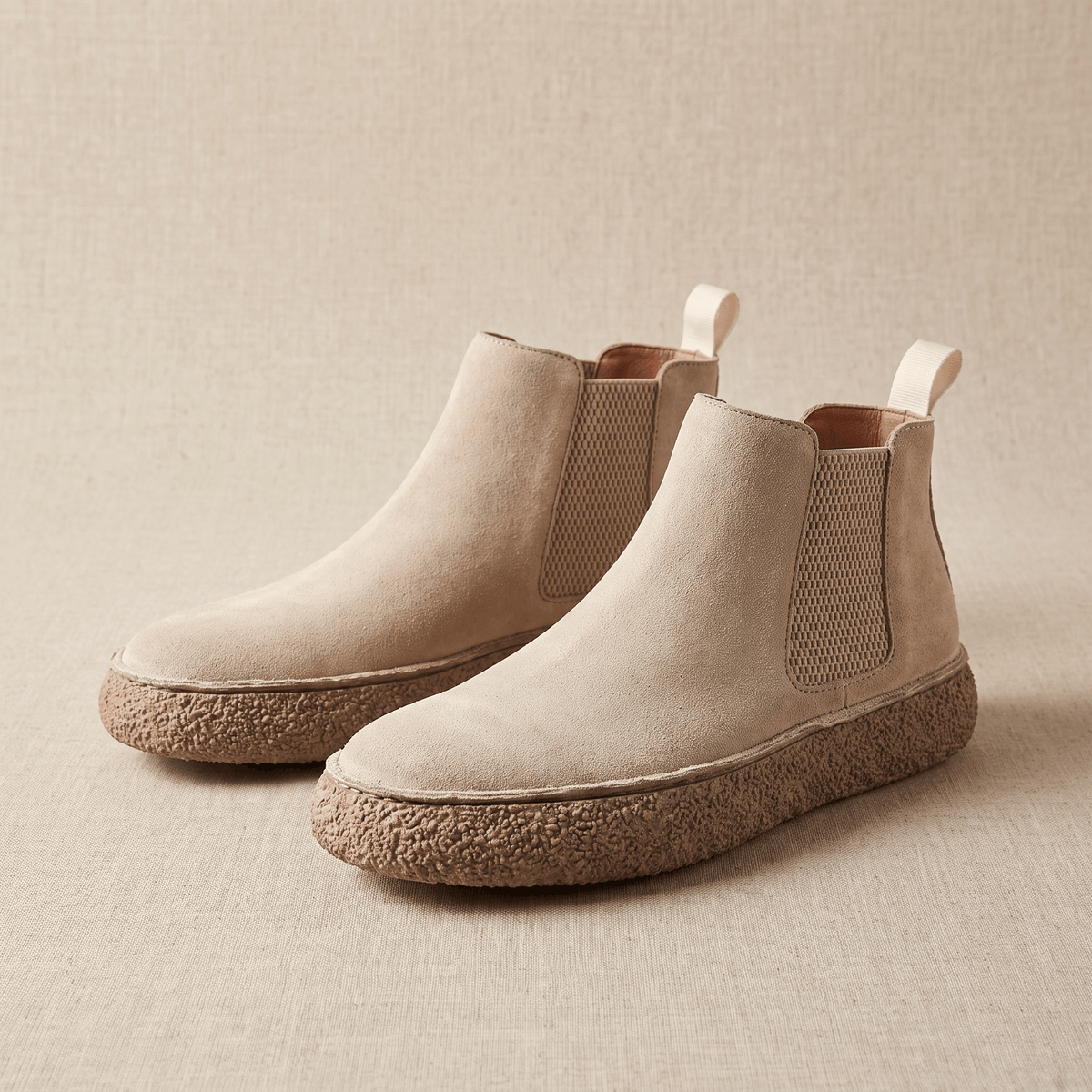 Pair of beige suede Chelsea boots with elastic side panels, pull tabs, and thick speckled crepe soles.