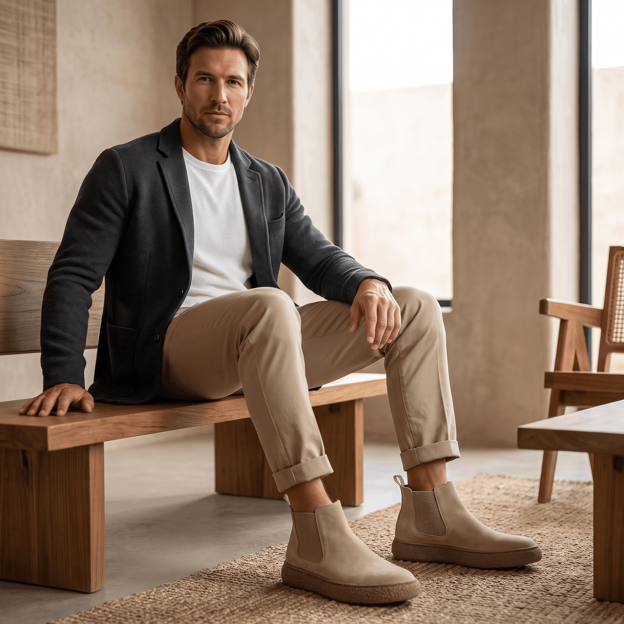 Man seated indoors wearing beige suede Chelsea boots with light trousers.