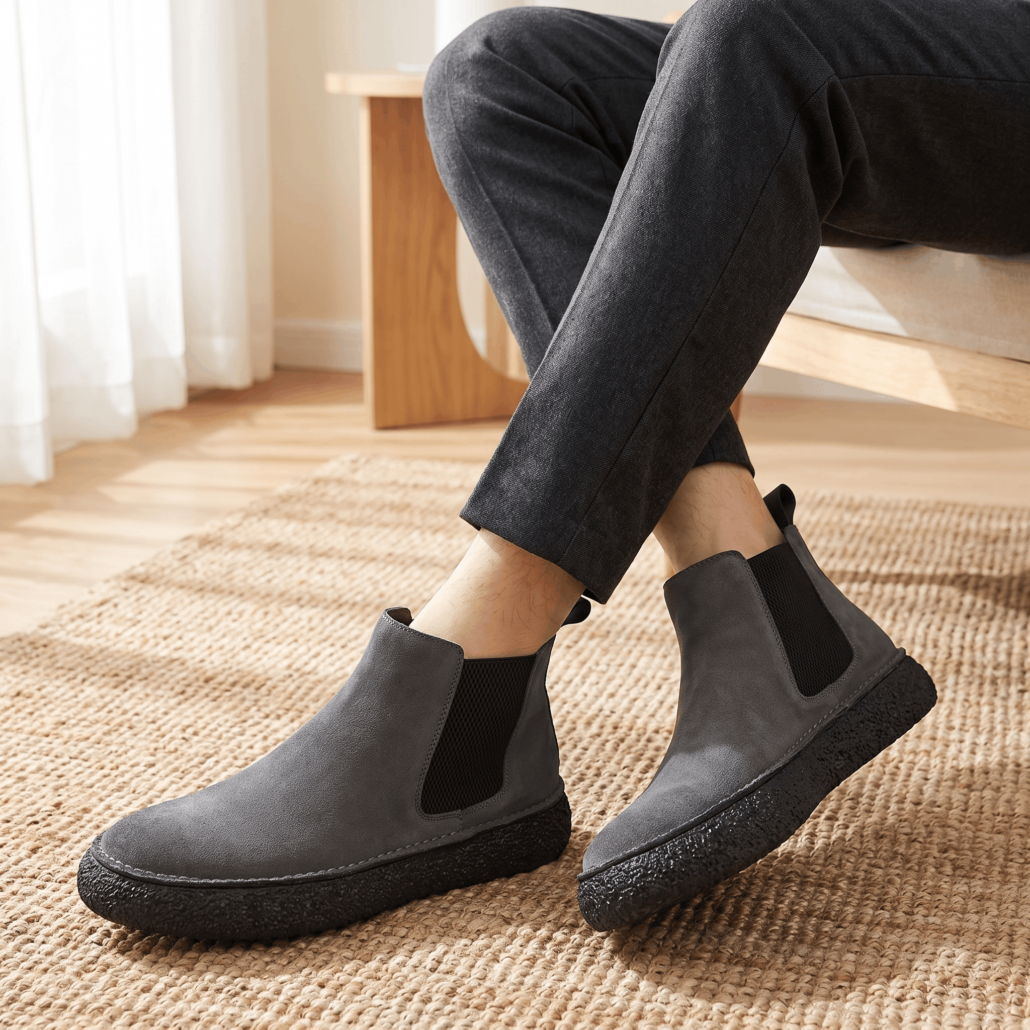 Person wearing gray suede Chelsea boots with dark trousers, showing the side profile and chunky crepe soles.
