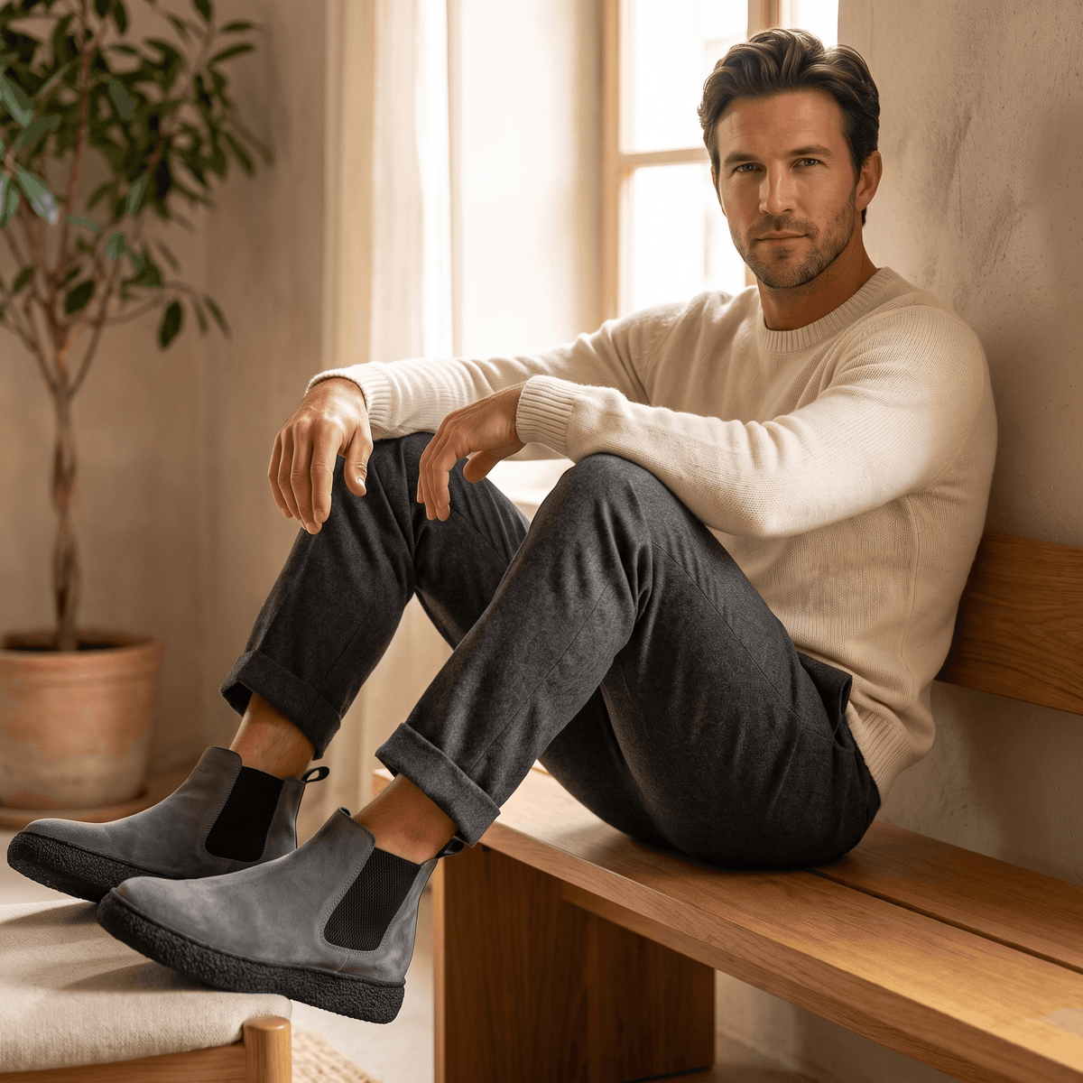 Man seated indoors wearing gray suede Chelsea boots with dark trousers and flat crepe soles.